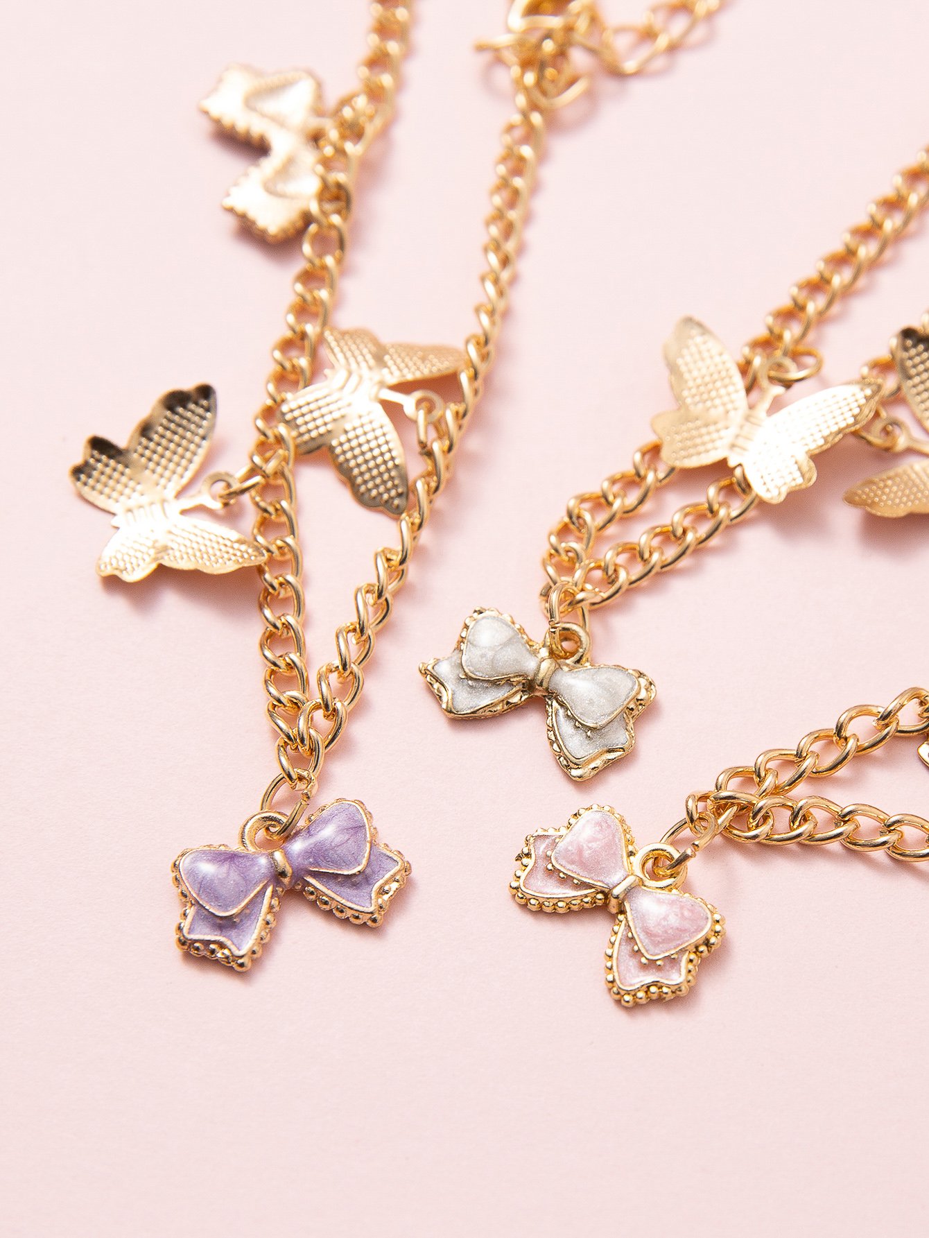 Pack of 3 - Gilrs Gold Tone Butterfly and Bow Charms Chain Bracelets