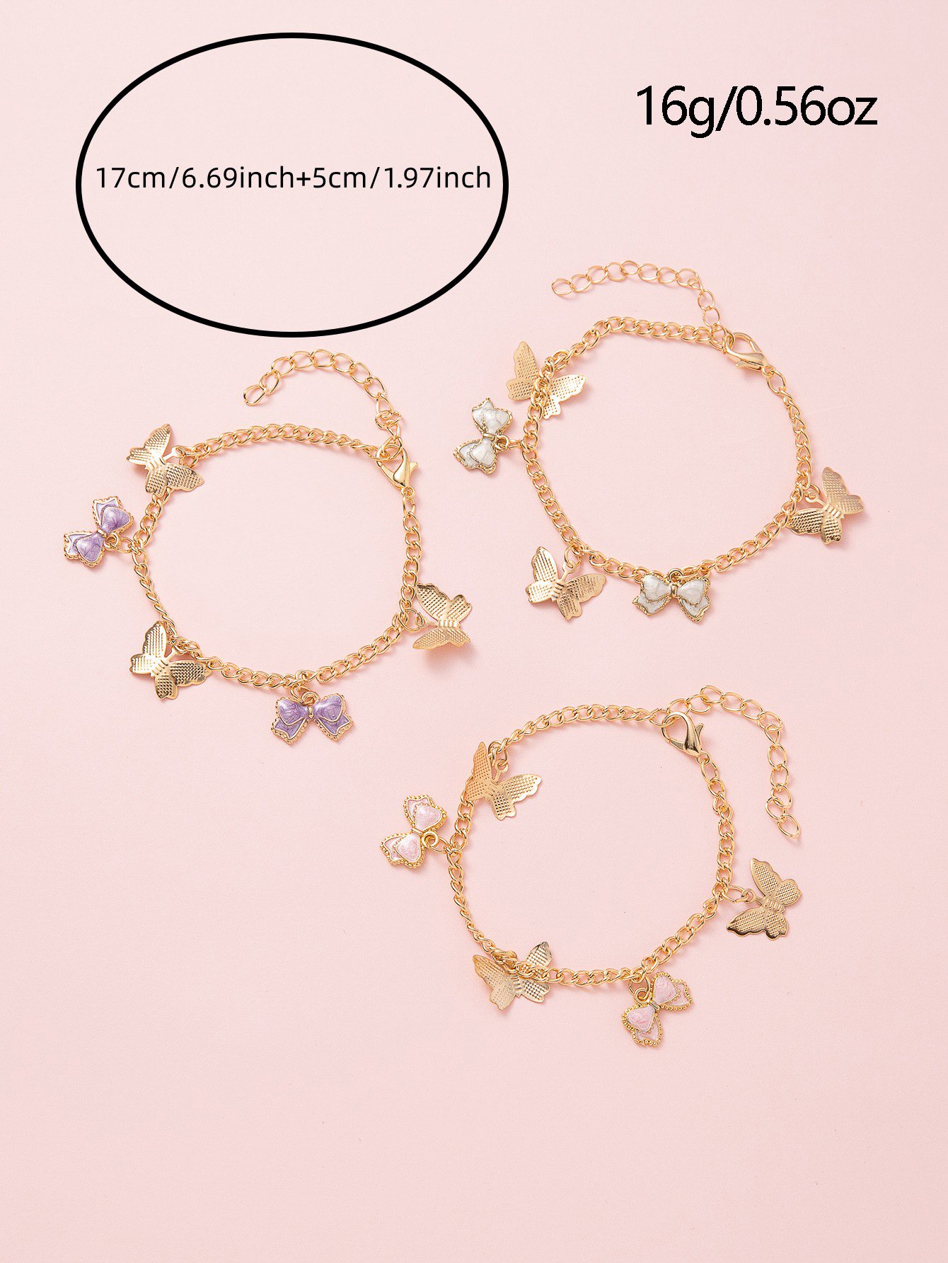 Pack of 3 - Gilrs Gold Tone Butterfly and Bow Charms Chain Bracelets