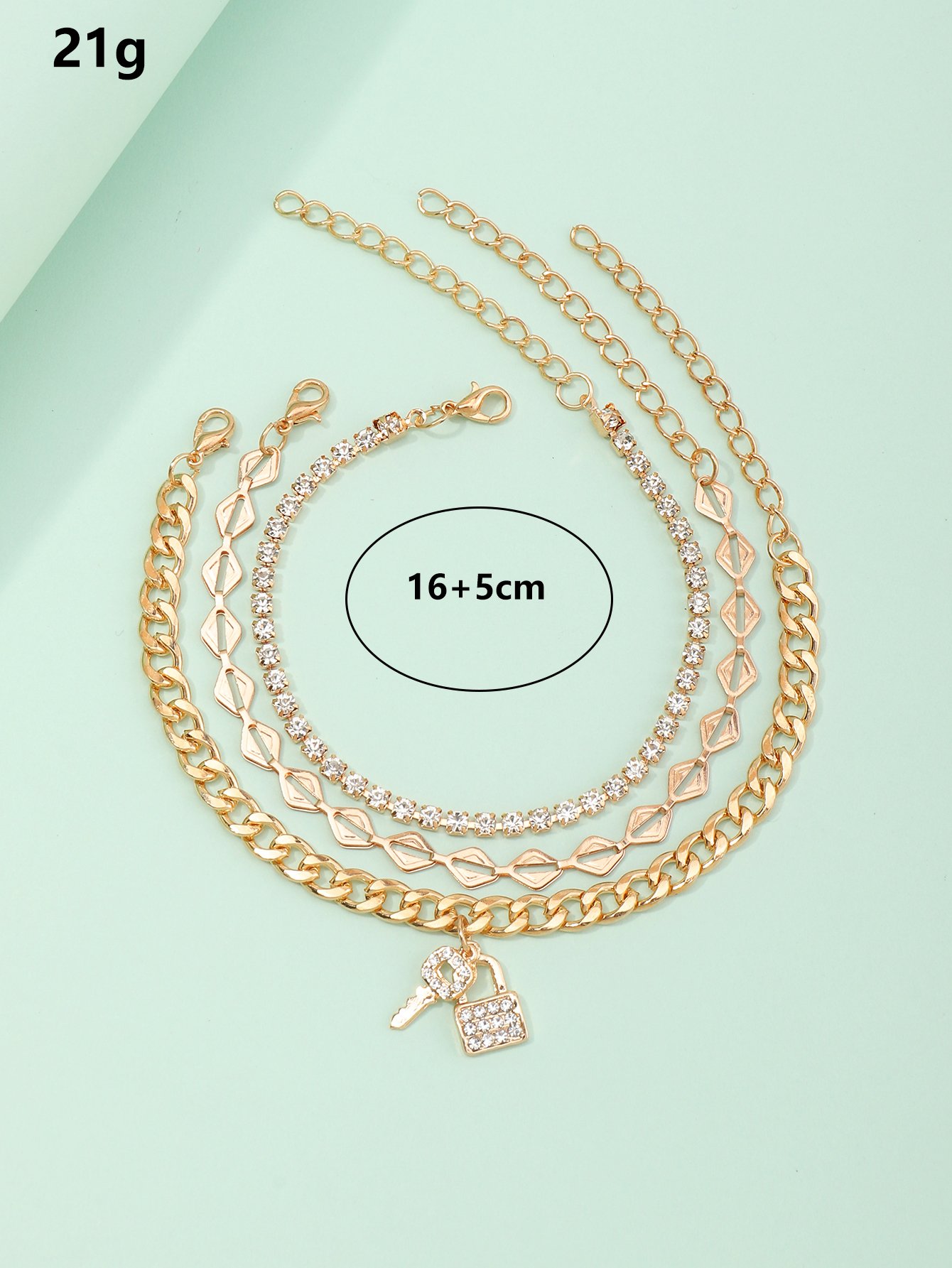 طقم أساور يد سلسلة للبنات مزينة بحبيبات الراين - 3 قطع
