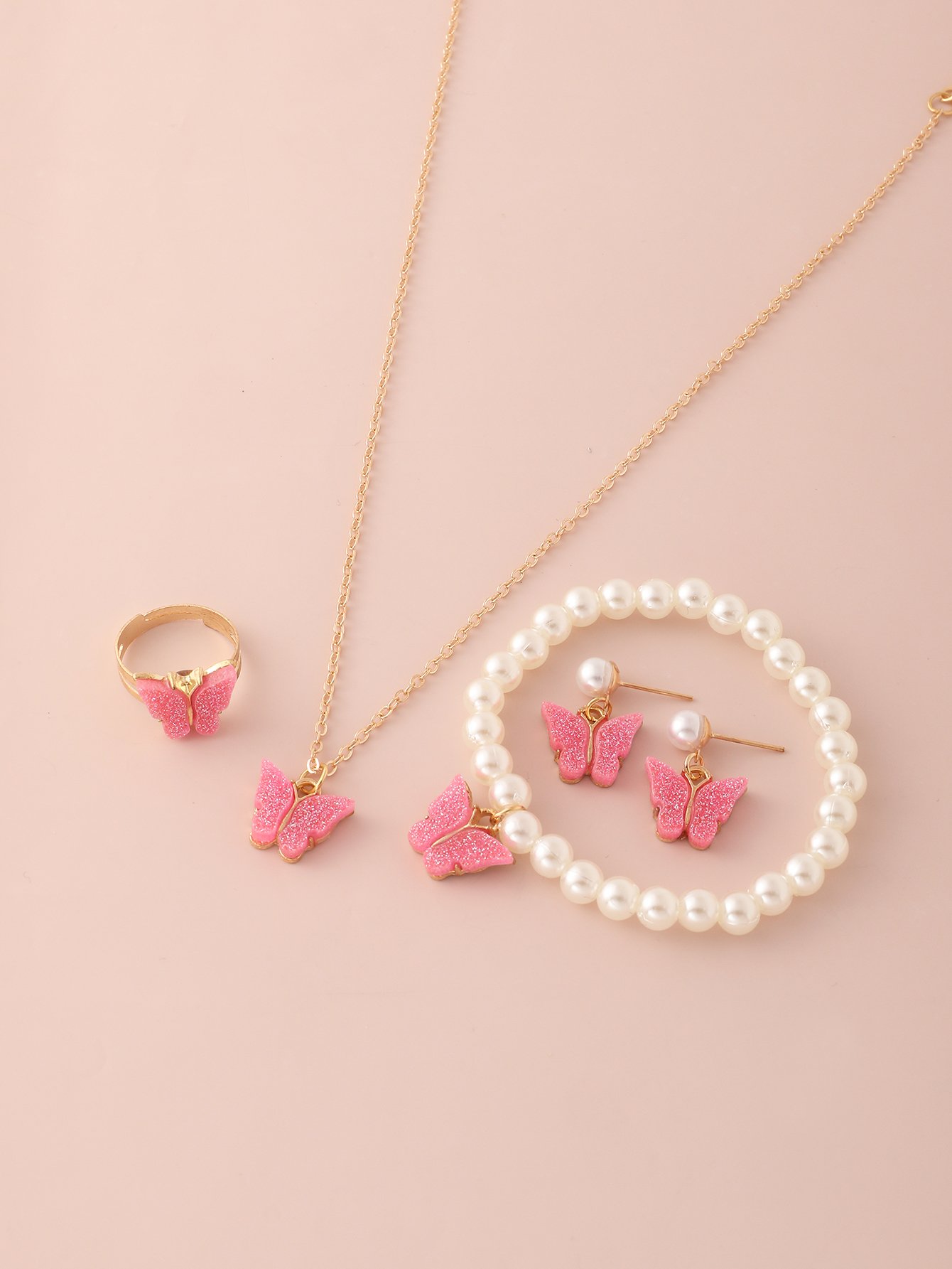 Girls Pink Sequin Butterfly Charm Necklace, Earrings, Ring and Pearl Bracelet Set