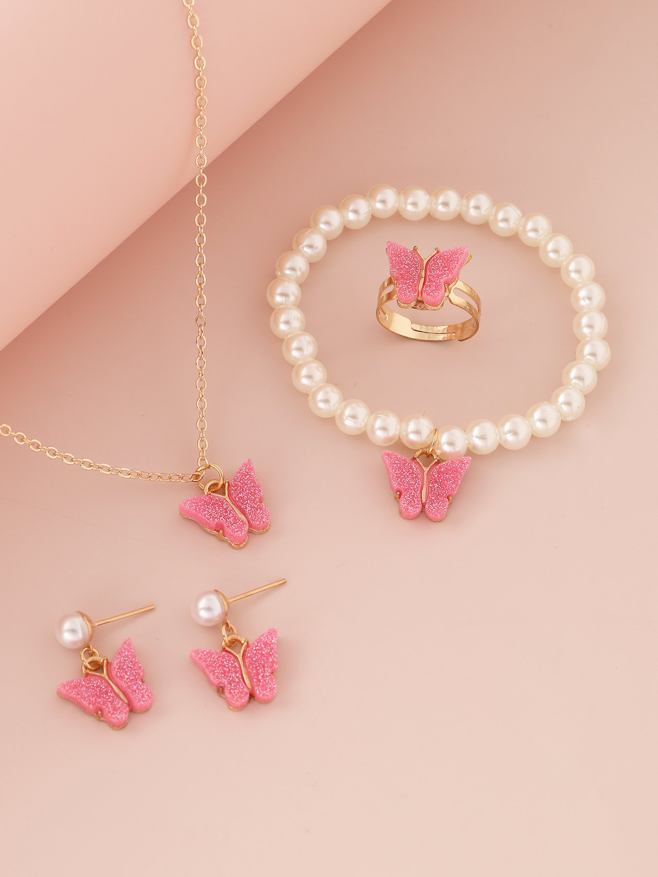 Girls Pink Sequin Butterfly Charm Necklace, Earrings, Ring and Pearl Bracelet Set