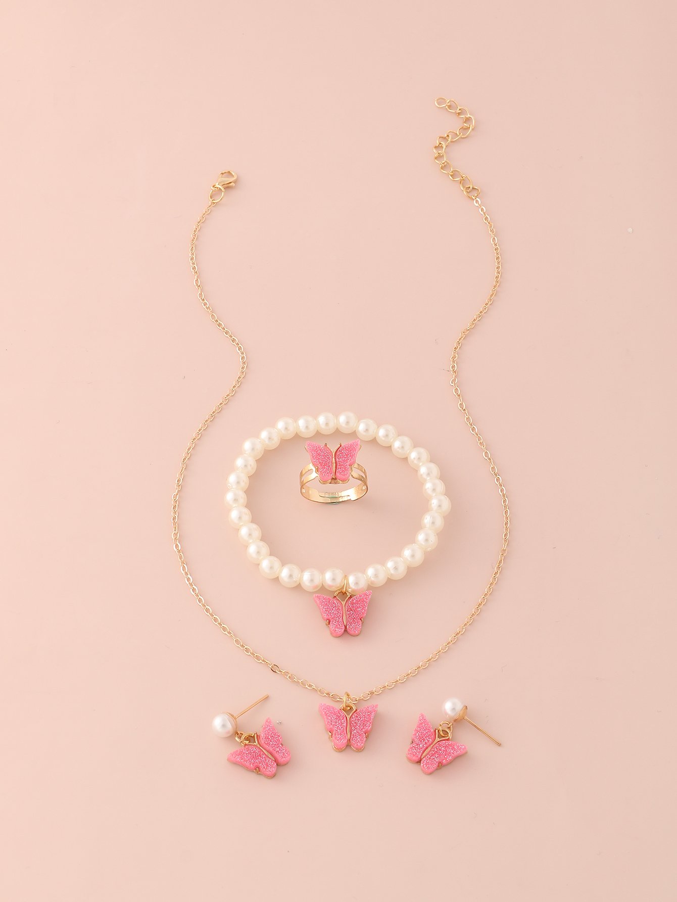 Girls Pink Sequin Butterfly Charm Necklace, Earrings, Ring and Pearl Bracelet Set