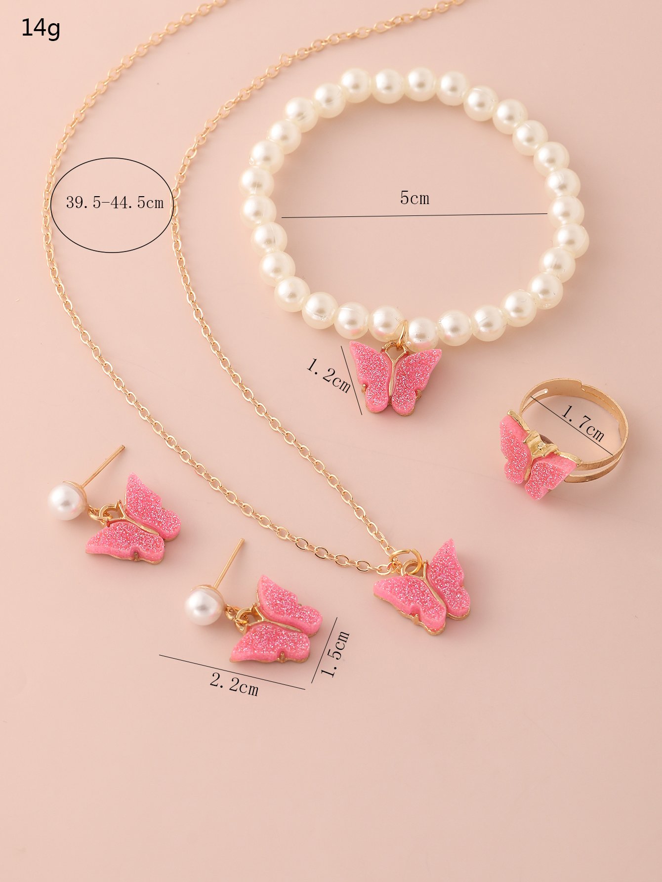 Girls Pink Sequin Butterfly Charm Necklace, Earrings, Ring and Pearl Bracelet Set