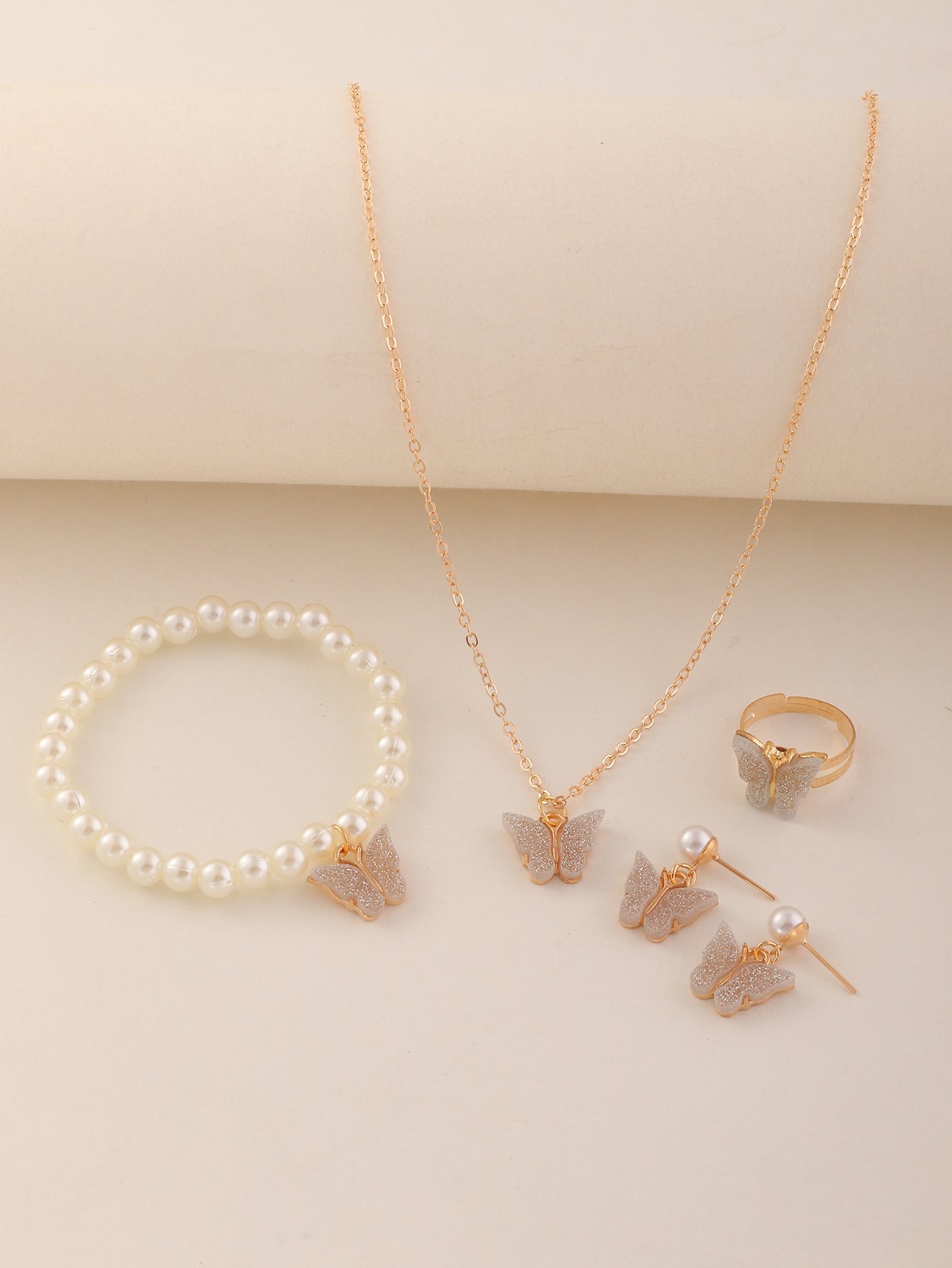 Girls Gold Tone Sequin Butterfly Charm Necklace, Earrings, Ring and Pearl Bracelet Set