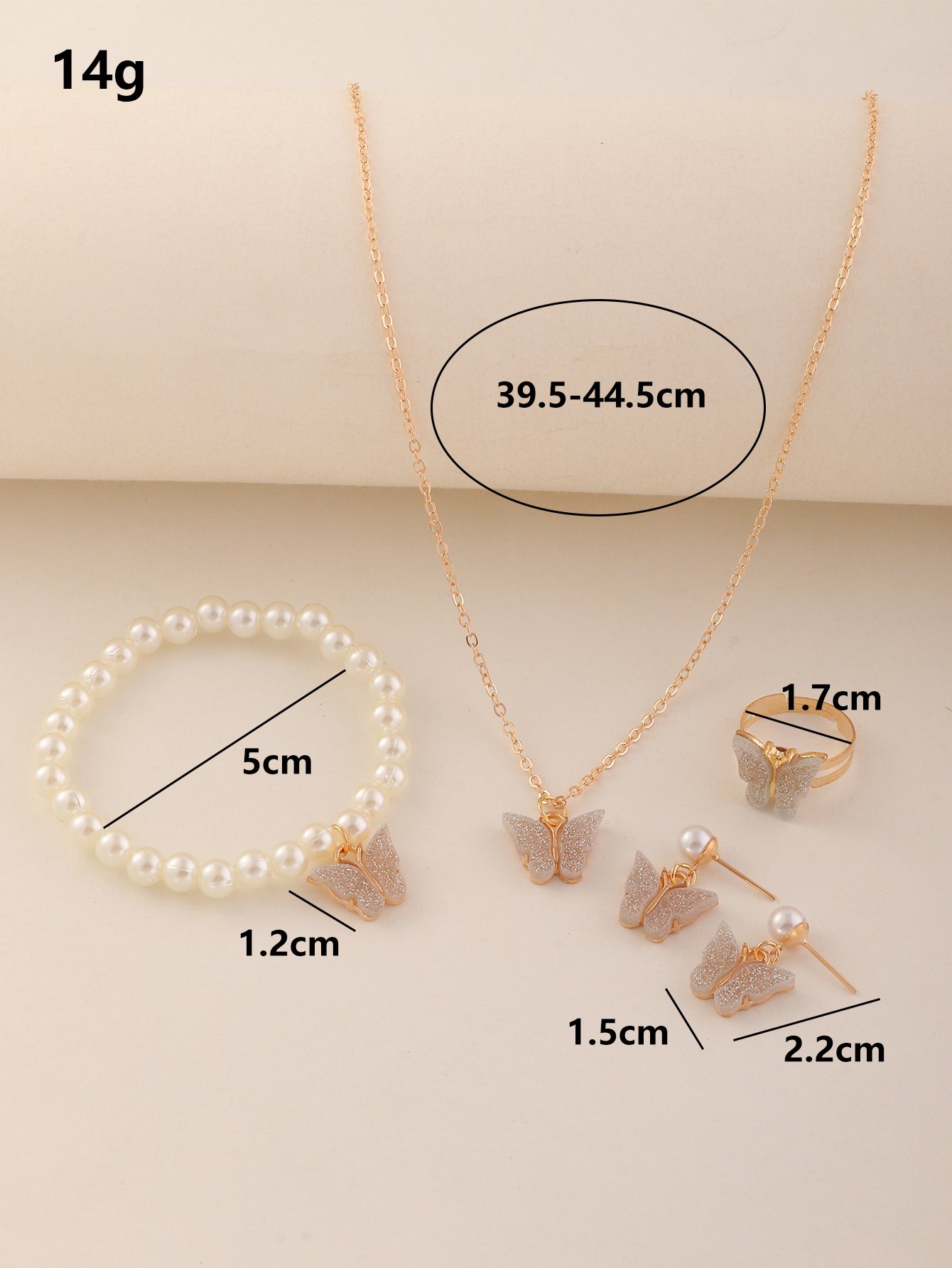 Girls Gold Tone Sequin Butterfly Charm Necklace, Earrings, Ring and Pearl Bracelet Set