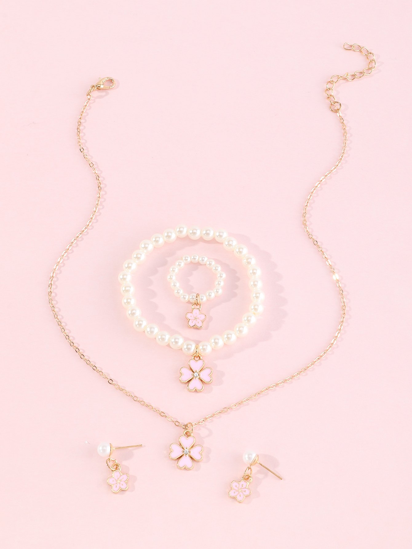 Girls Pink Clover Charm and Pearl Necklace, Bracelet, Ring and Earrings Set
