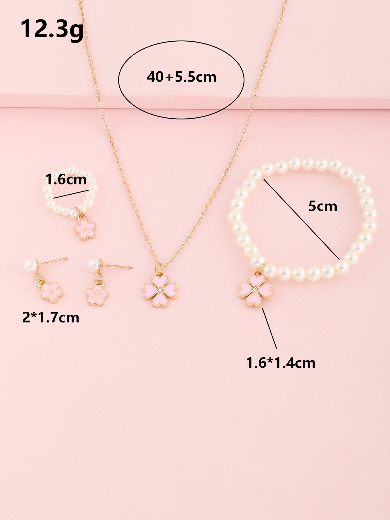 Girls Pink Clover Charm and Pearl Necklace, Bracelet, Ring and Earrings Set