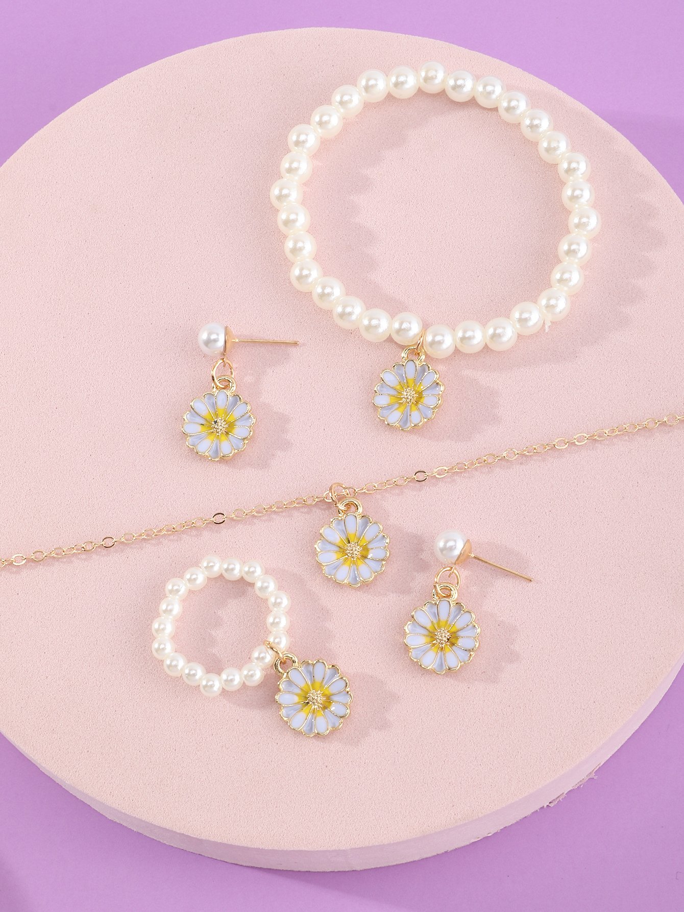 Girls Multi-Color Daisy Flower Charm and Pearl Necklace, Bracelet, Ring and Earrings Set