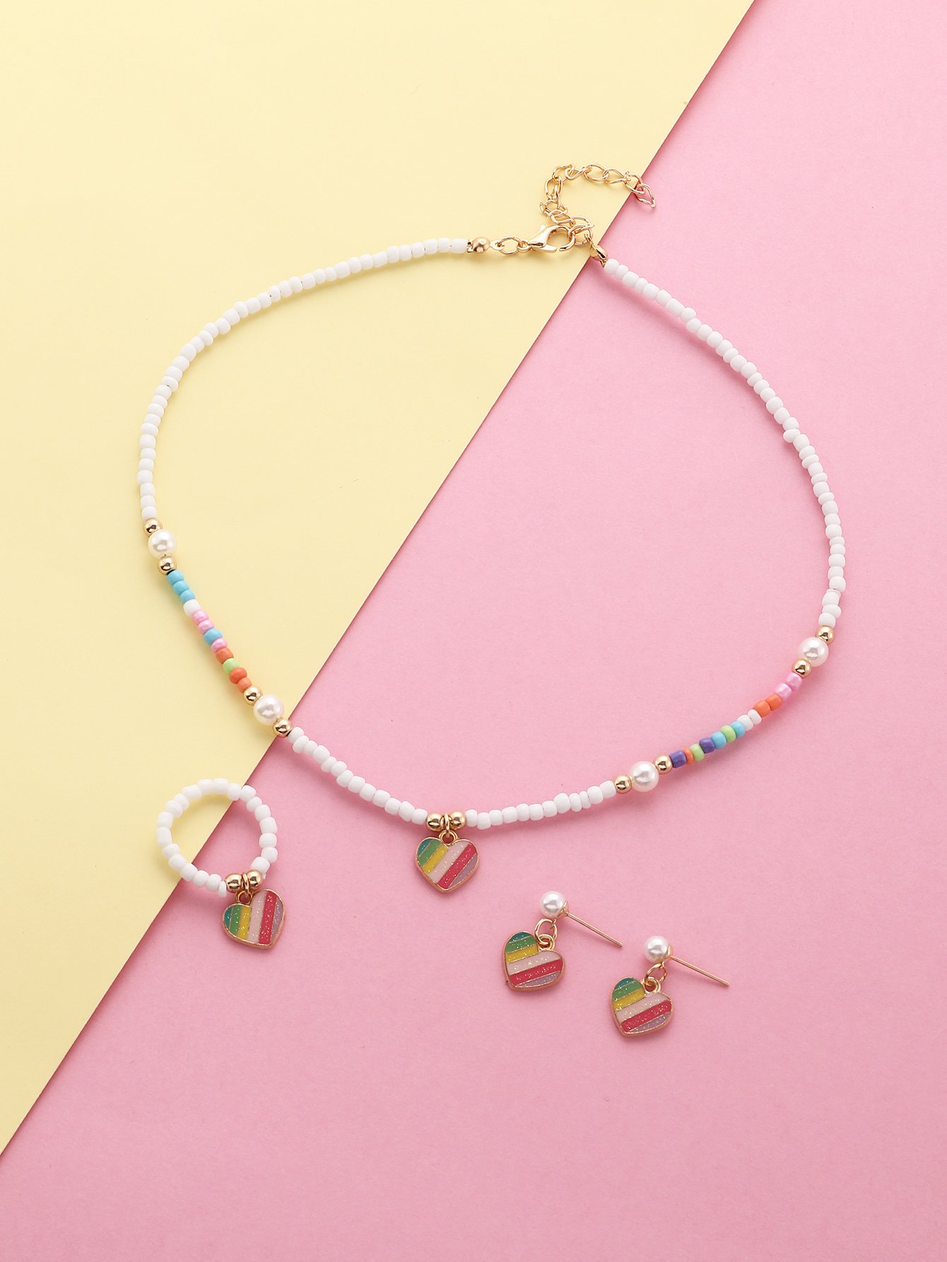 Girls Multi-Color Rainbow Heart Charm Beaded Necklace, Ring and Earrings Set