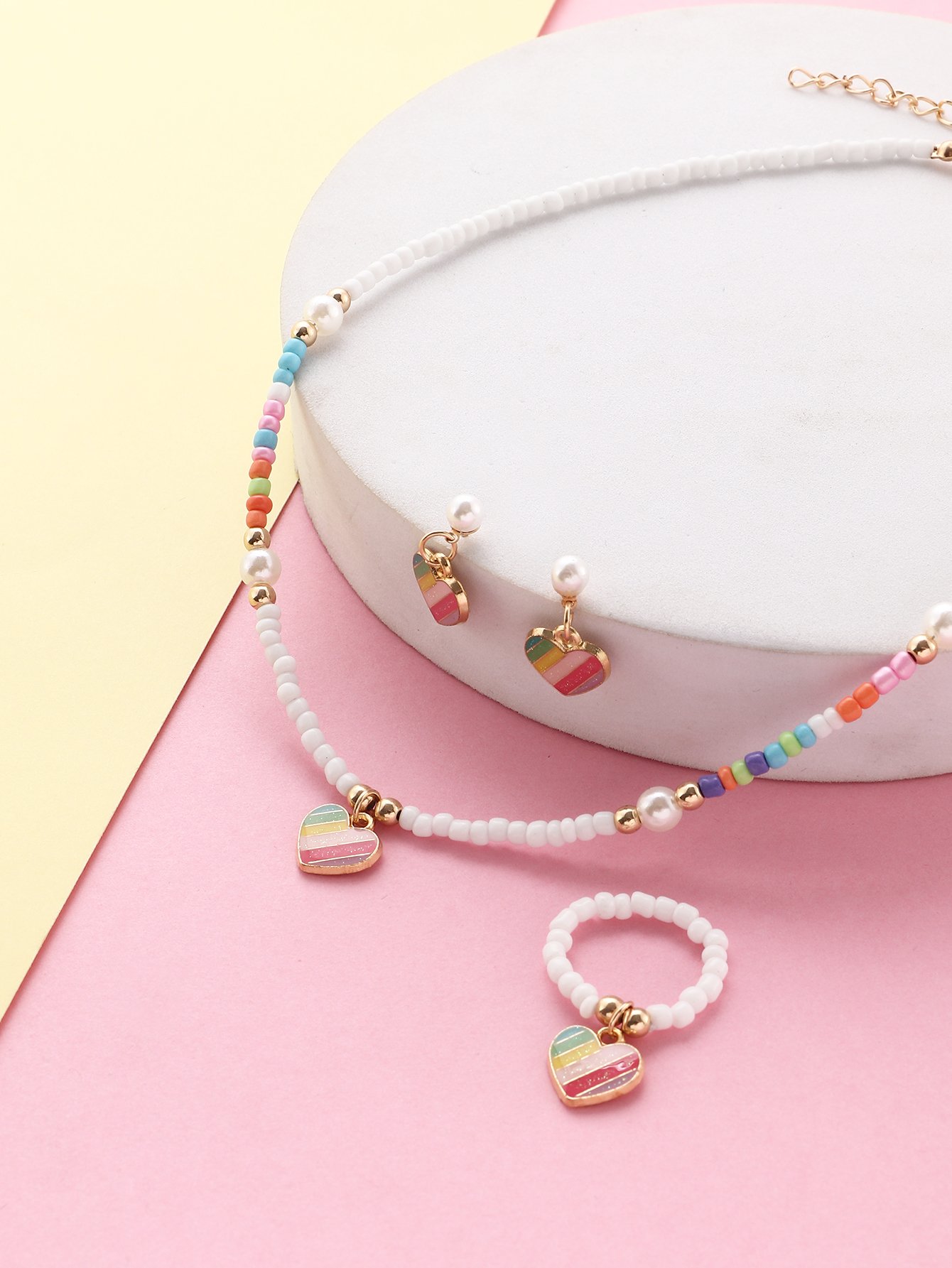 Girls Multi-Color Rainbow Heart Charm Beaded Necklace, Ring and Earrings Set