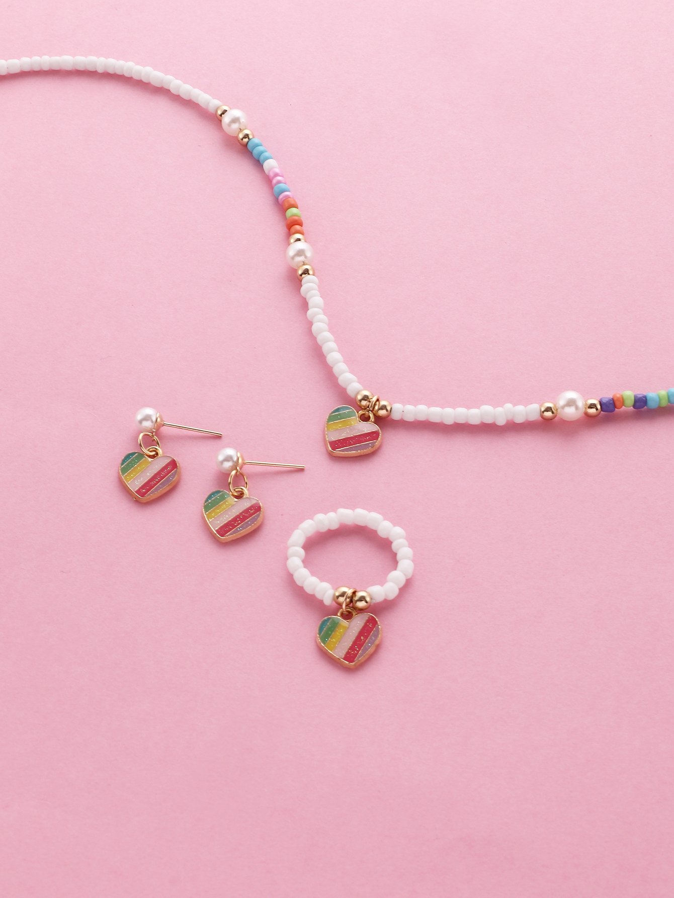 Girls Multi-Color Rainbow Heart Charm Beaded Necklace, Ring and Earrings Set