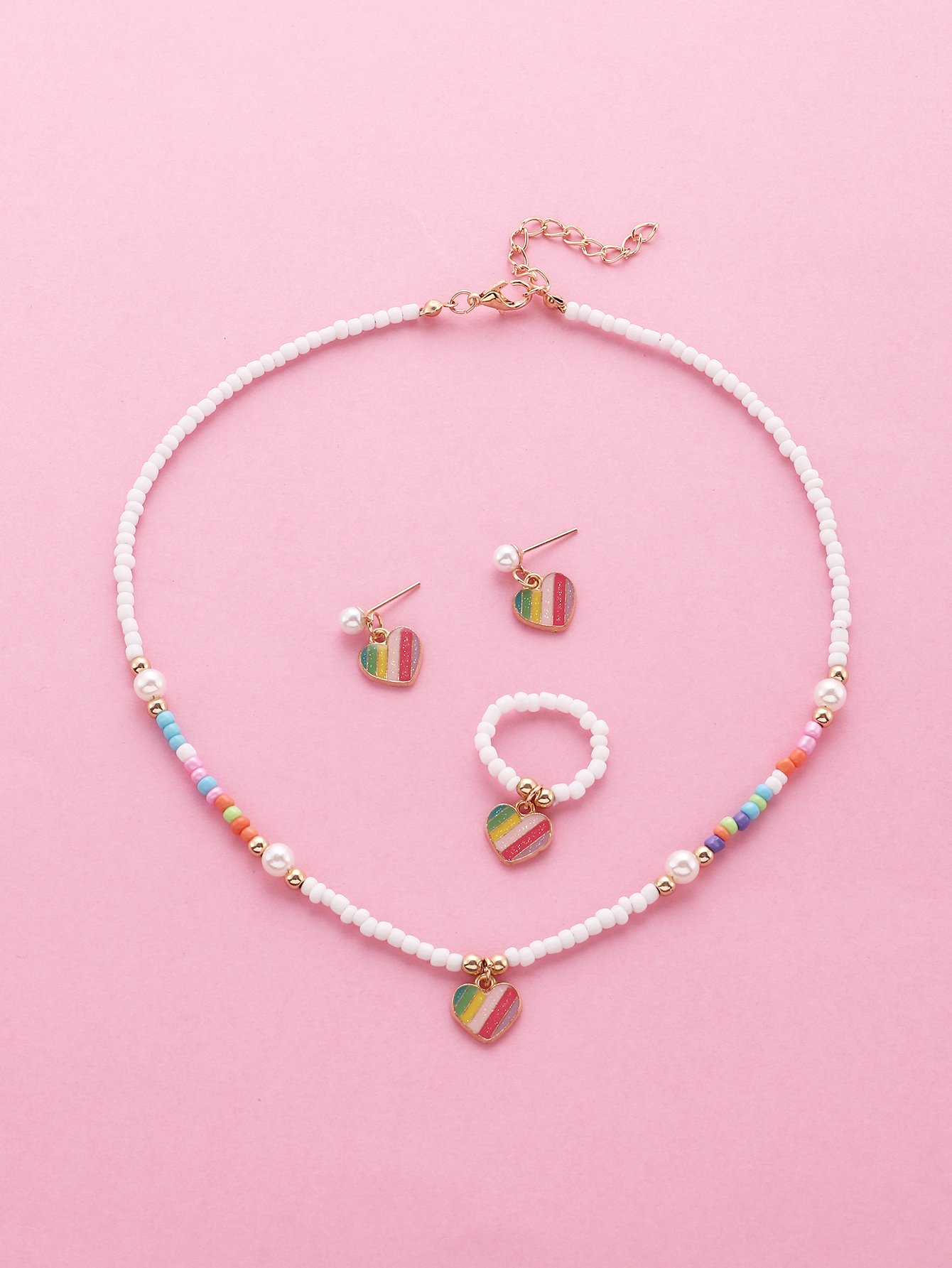 Girls Multi-Color Rainbow Heart Charm Beaded Necklace, Ring and Earrings Set