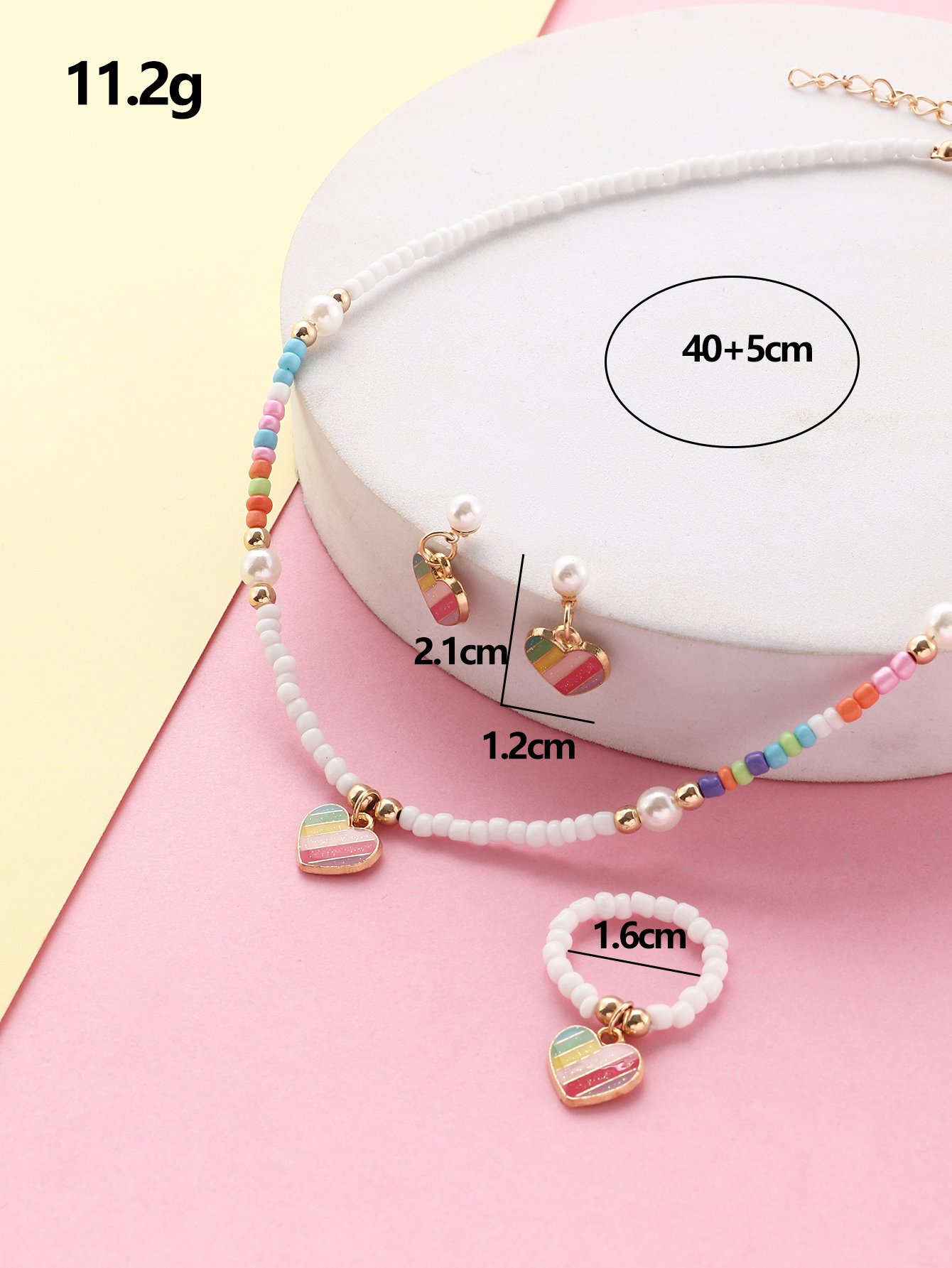 Girls Multi-Color Rainbow Heart Charm Beaded Necklace, Ring and Earrings Set