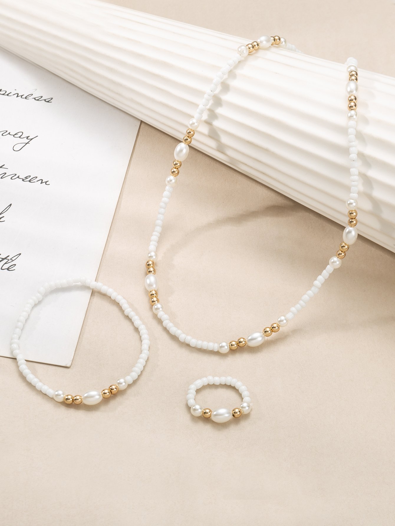 Girls White Beaded Necklace, Bracelet and Ring Set