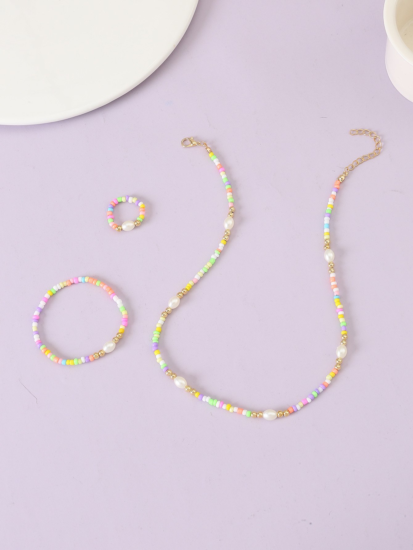 Girls Multi-Color Beaded Necklace, Bracelet and Ring Set