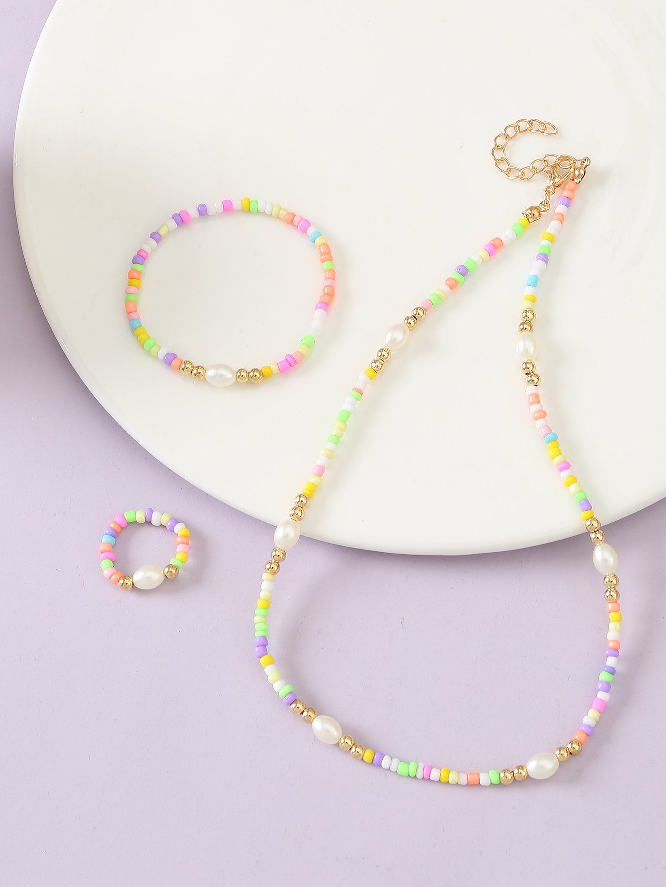 Girls Multi-Color Beaded Necklace, Bracelet and Ring Set