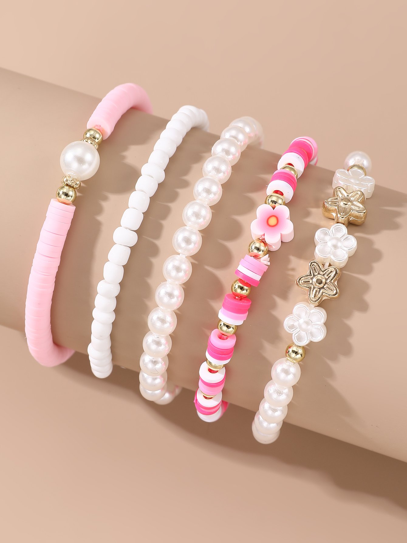 Pack of 5 - Girls Multi-Color Flower and Star Charms Beaded Bracelet