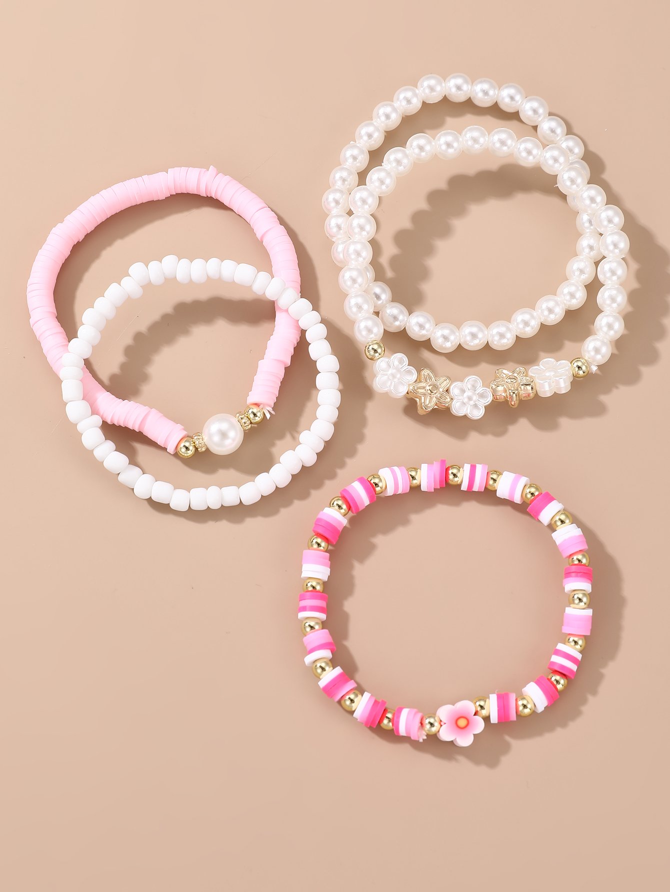 Pack of 5 - Girls Multi-Color Flower and Star Charms Beaded Bracelet