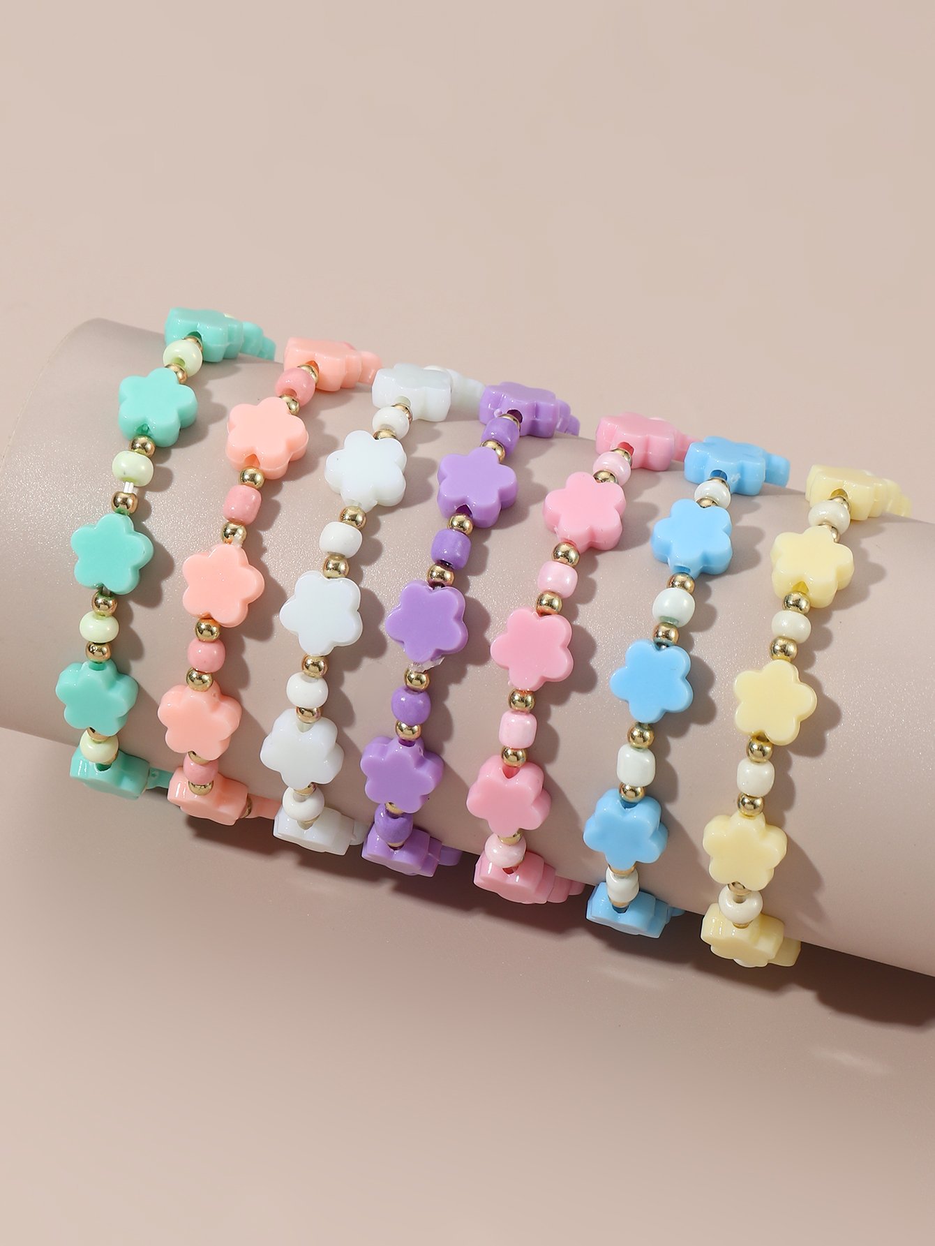 Pack of 7 - Girls Multi-Color Pastel Flower Beaded Bracelets