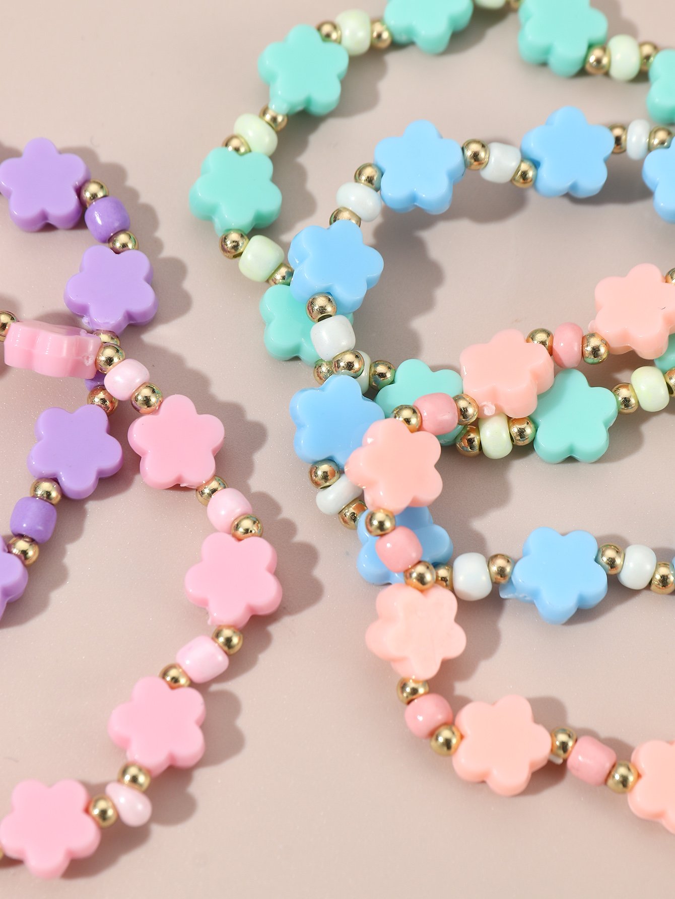 Pack of 7 - Girls Multi-Color Pastel Flower Beaded Bracelets