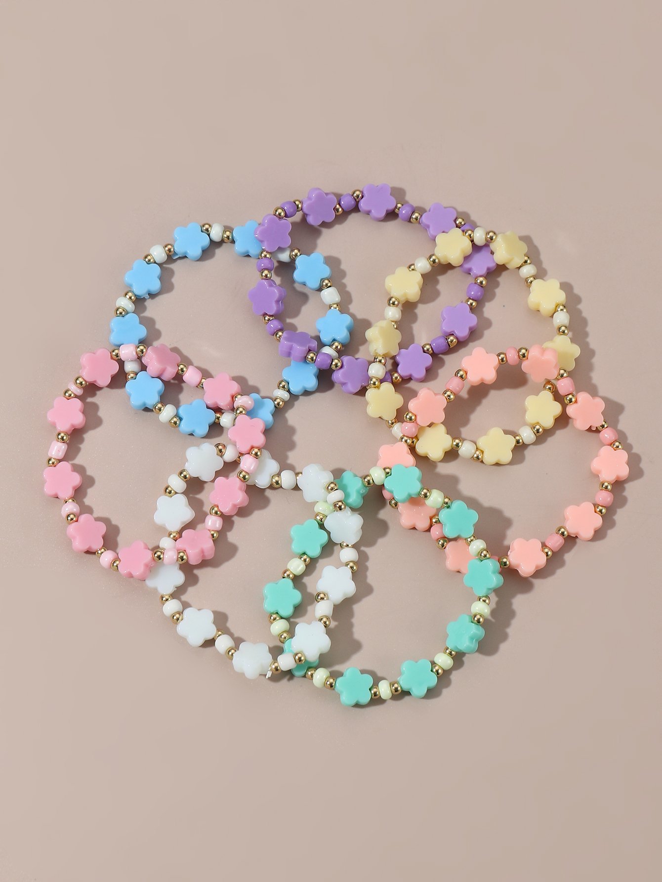 Pack of 7 - Girls Multi-Color Pastel Flower Beaded Bracelets