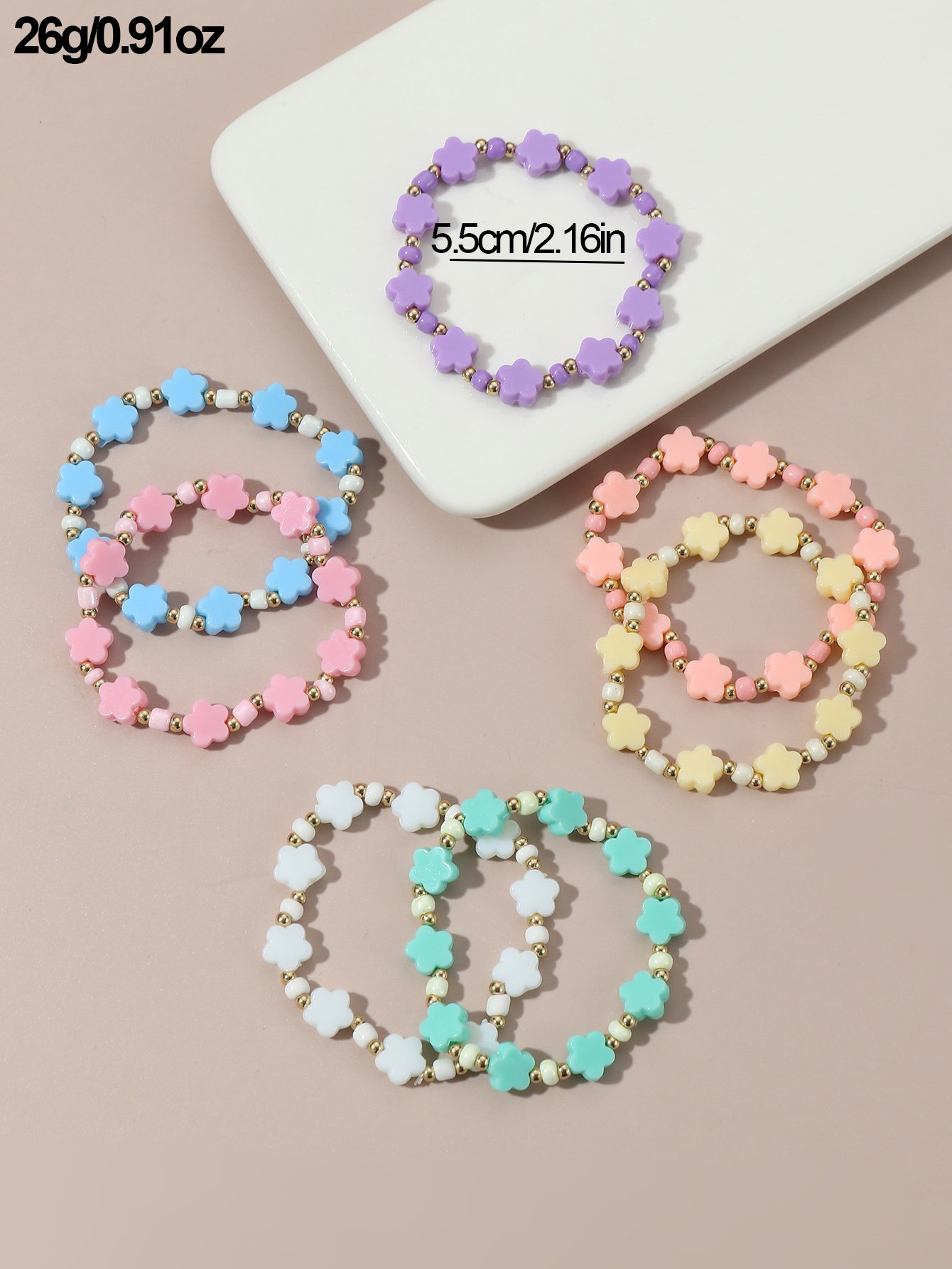 Pack of 7 - Girls Multi-Color Pastel Flower Beaded Bracelets