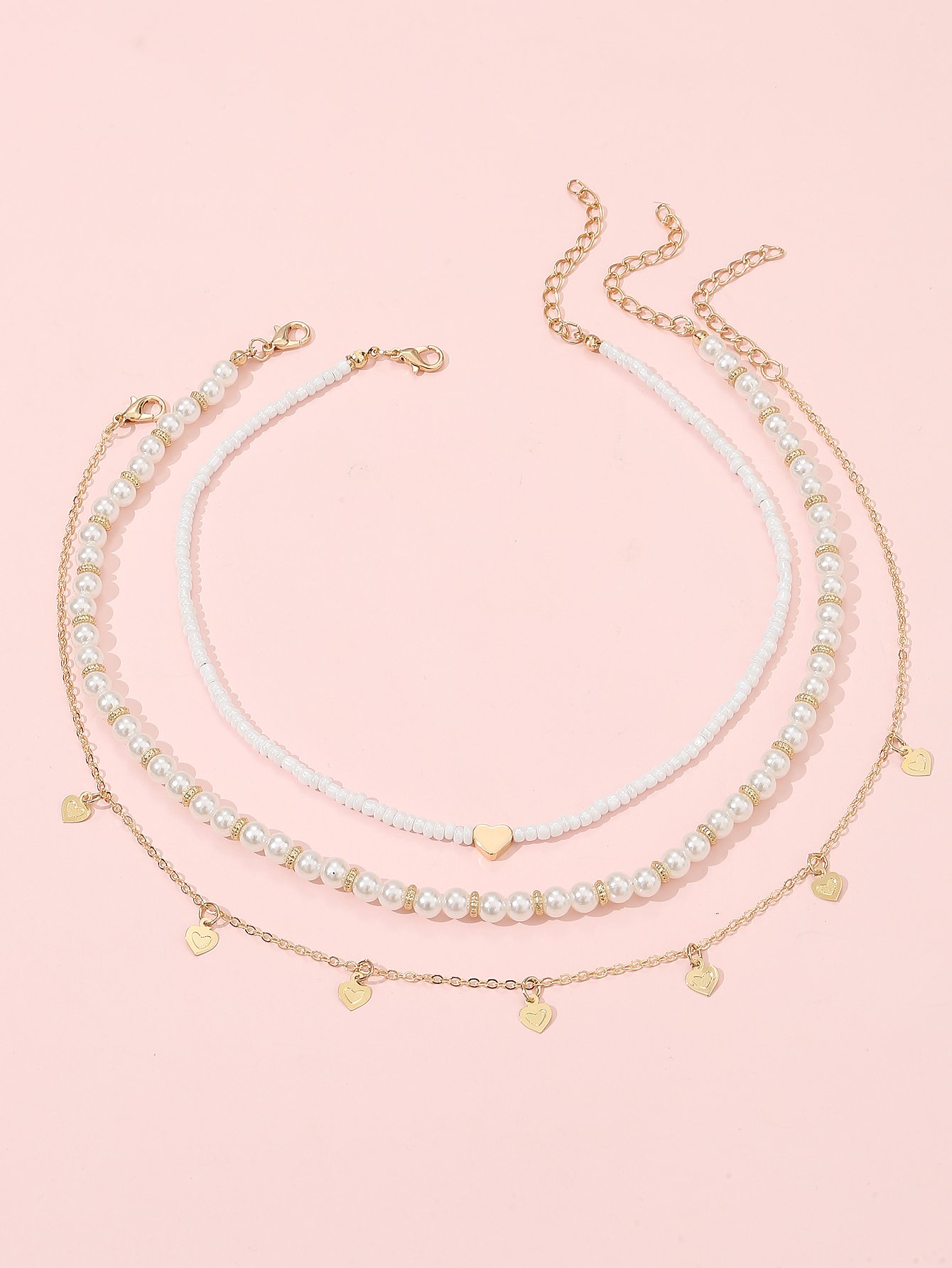 Pack of 3 - Multi-Color Girls Heart Charm and Pearl Beaded Necklace