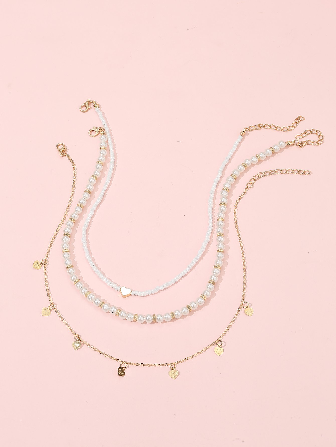 Pack of 3 - Multi-Color Girls Heart Charm and Pearl Beaded Necklace