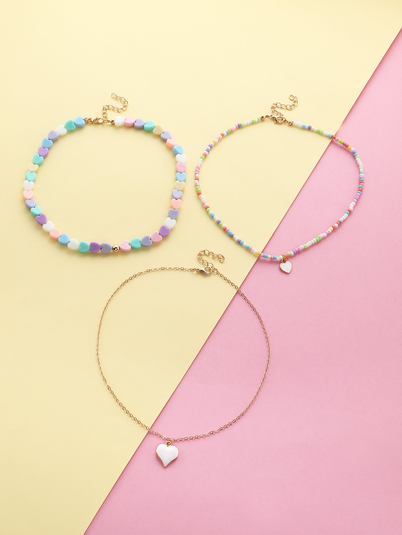 Pack of 3 - Girls Multi-Color Heart Charm Chocker Necklaces