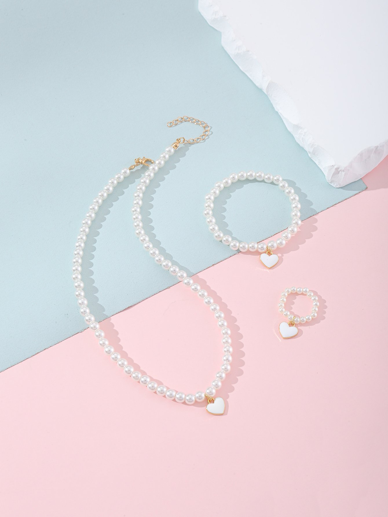 Girls White Pearl Heart Pendant Necklace, Bracelet and Ring Set