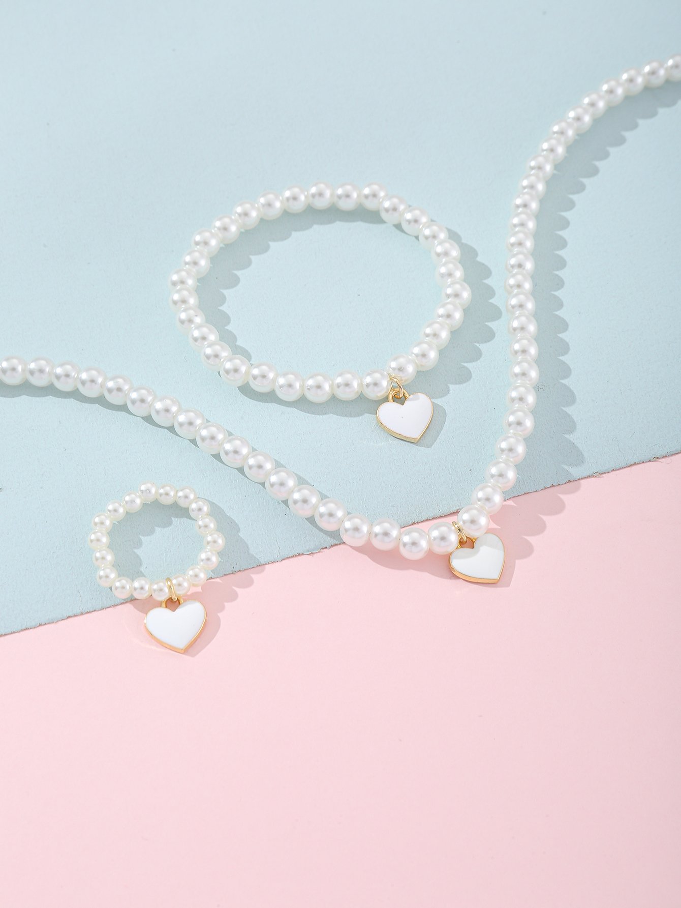Girls White Pearl Heart Pendant Necklace, Bracelet and Ring Set