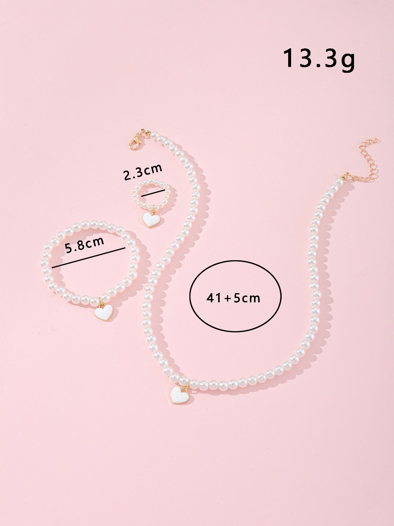 Girls White Pearl Heart Pendant Necklace, Bracelet and Ring Set