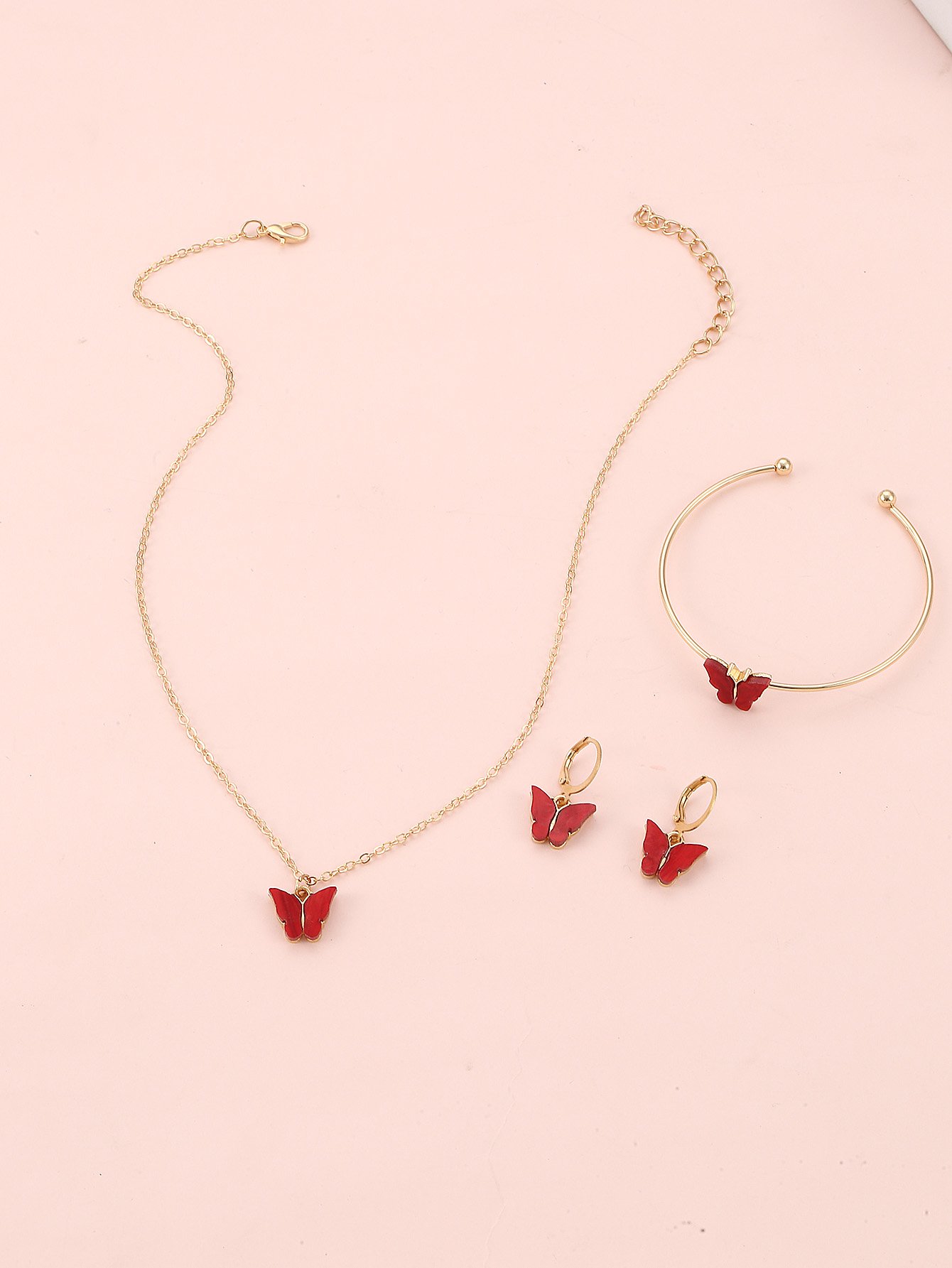 Girls Red Butterfly Charm Necklace, Bracelet and Earrings Set