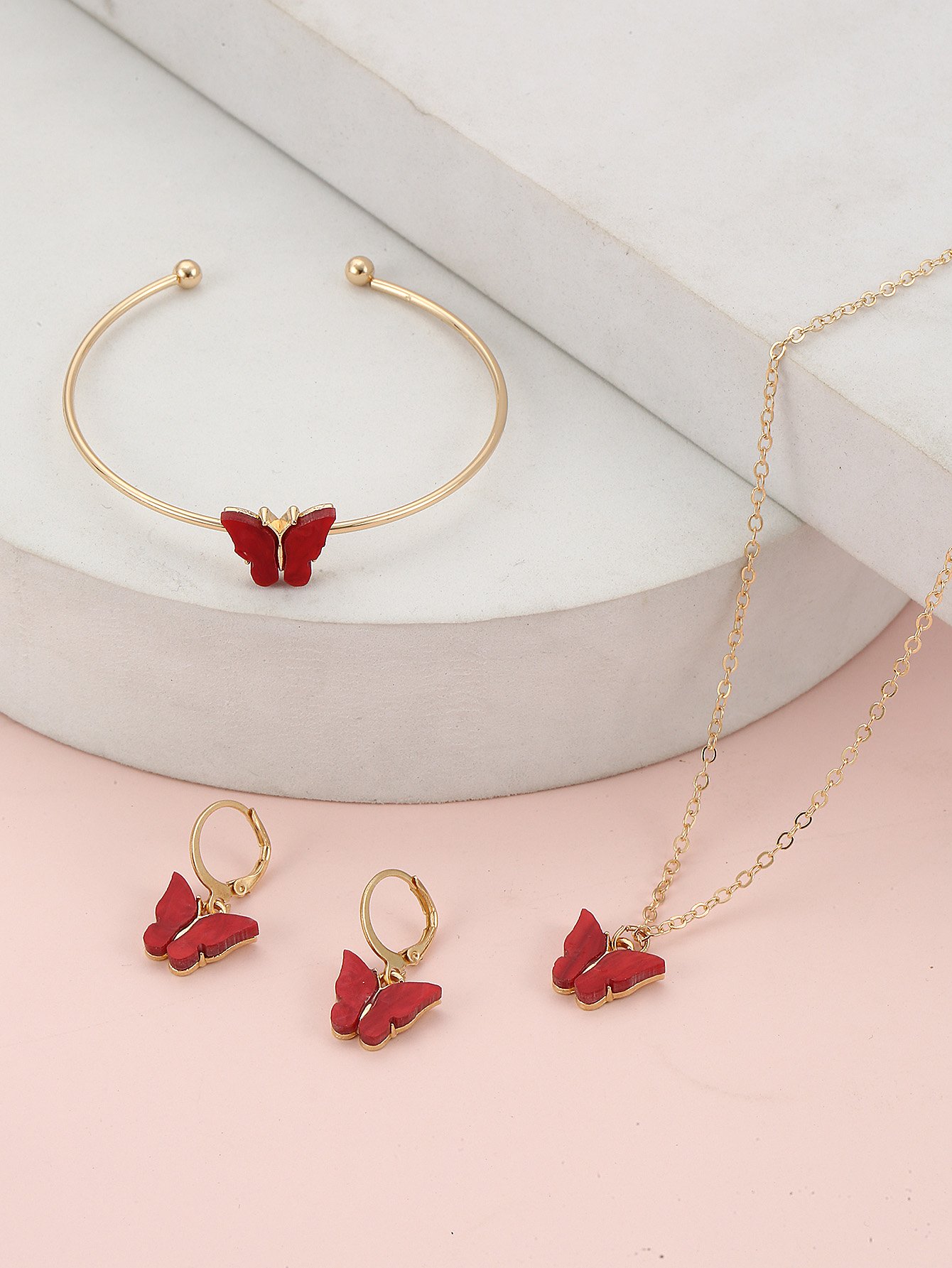 Girls Red Butterfly Charm Necklace, Bracelet and Earrings Set