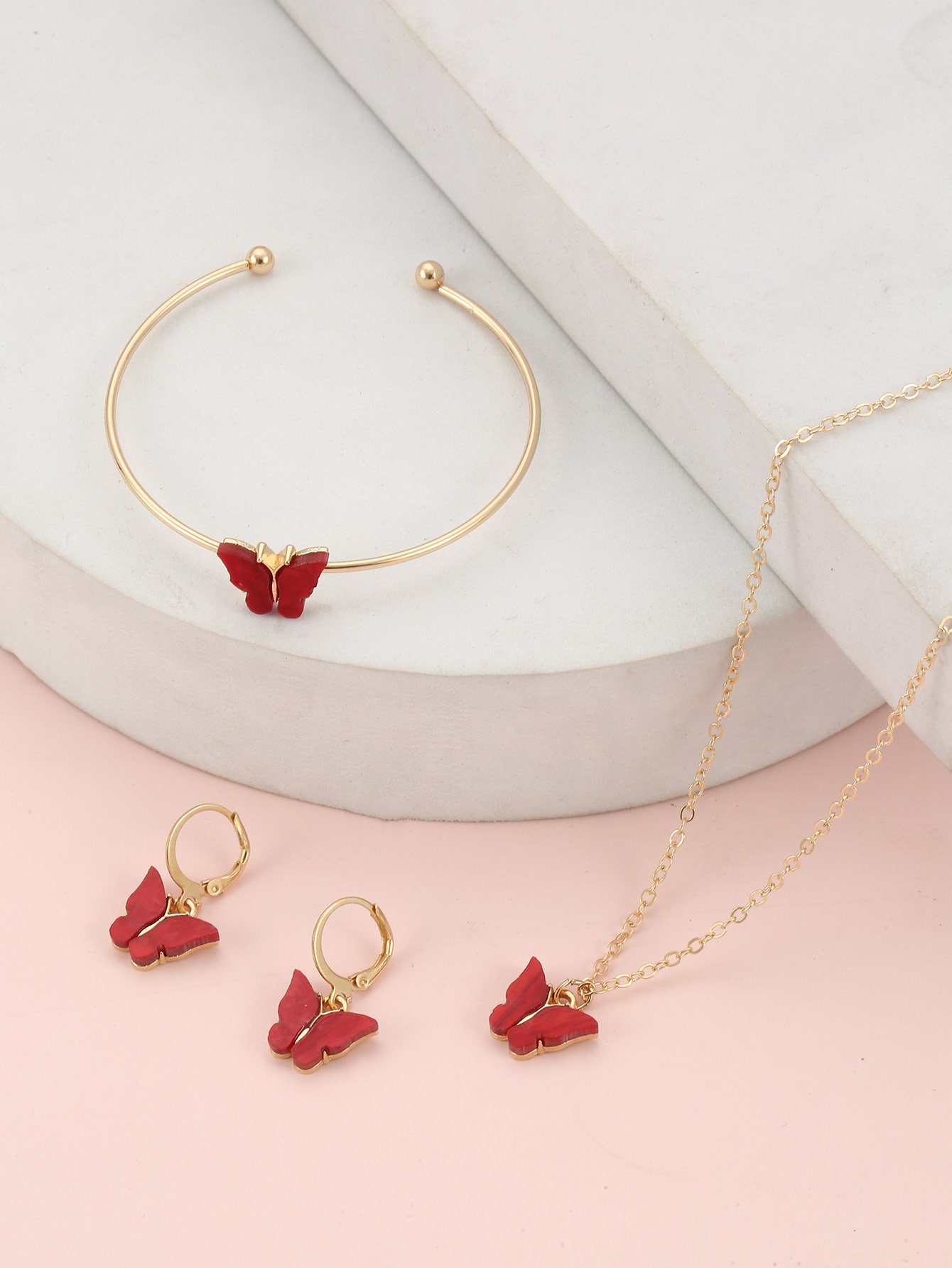 Girls Red Butterfly Charm Necklace, Bracelet and Earrings Set