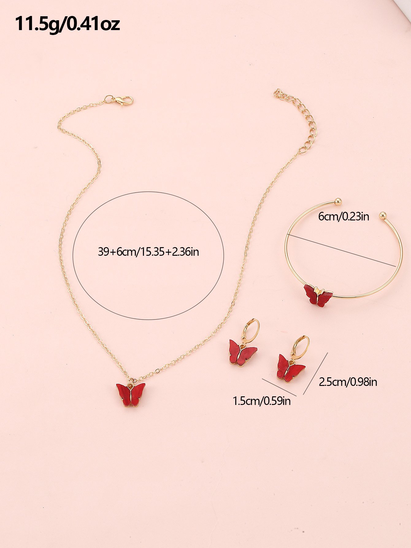 Girls Red Butterfly Charm Necklace, Bracelet and Earrings Set