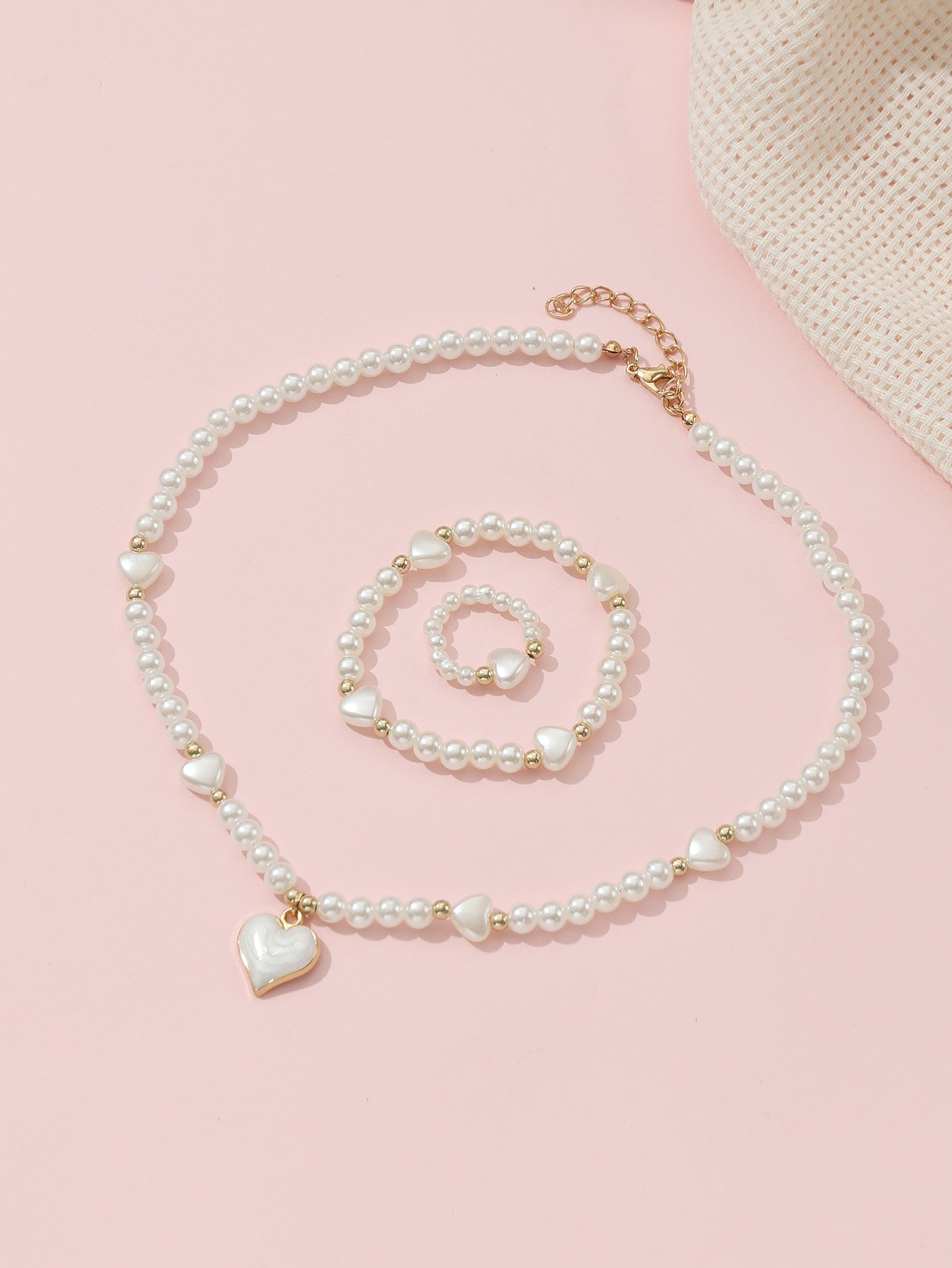 Girls White Heart Charm Pearl Beaded Necklace, Bracelet and Ring Set