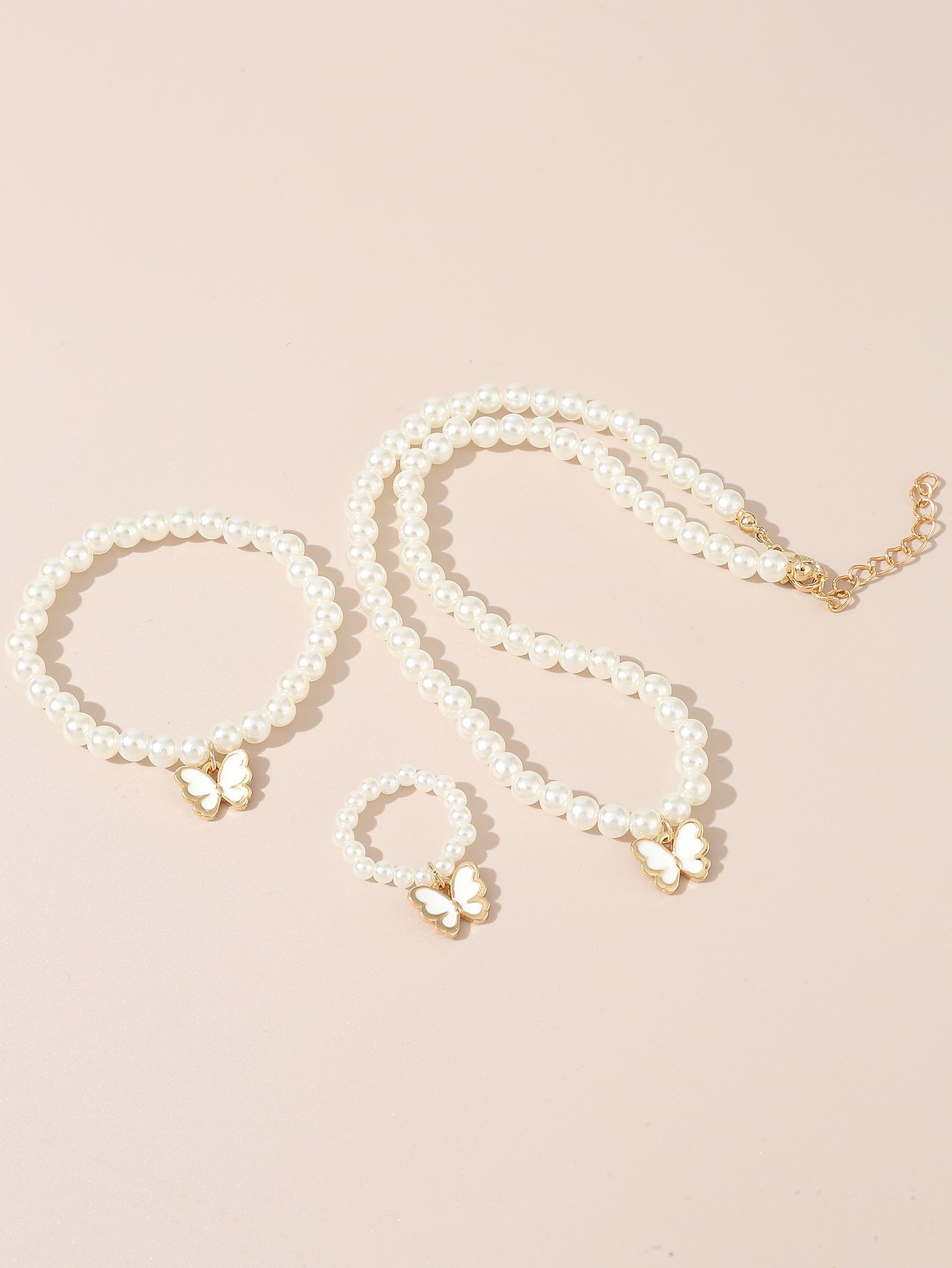 Girls White Butterfly Charm Beaded Necklace, Bracelet and Ring Set