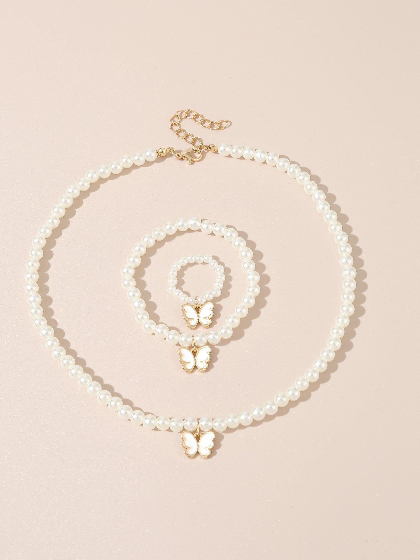 Girls White Butterfly Charm Beaded Necklace, Bracelet and Ring Set