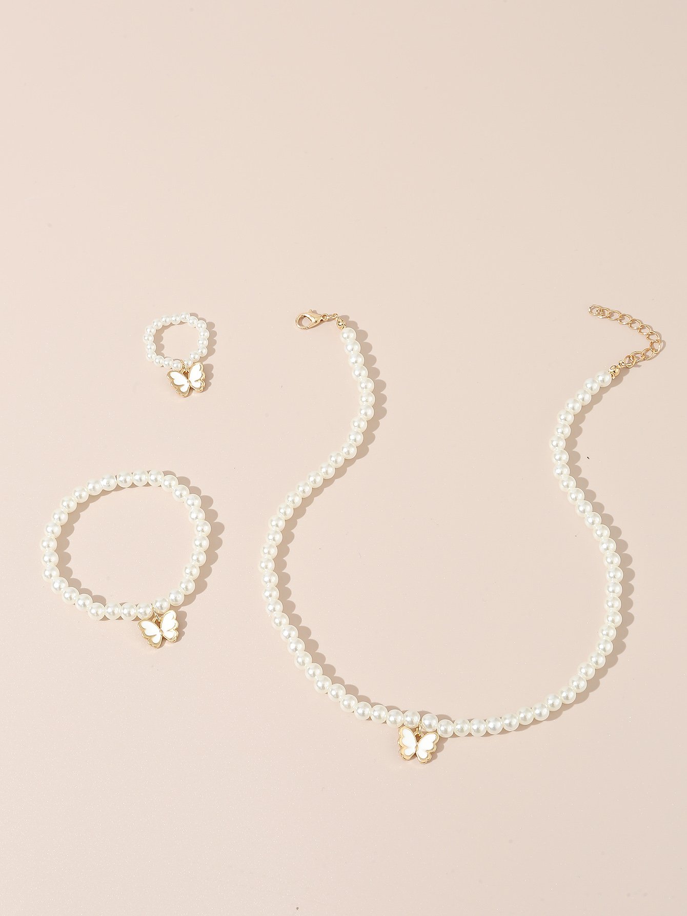 Girls White Butterfly Charm Beaded Necklace, Bracelet and Ring Set