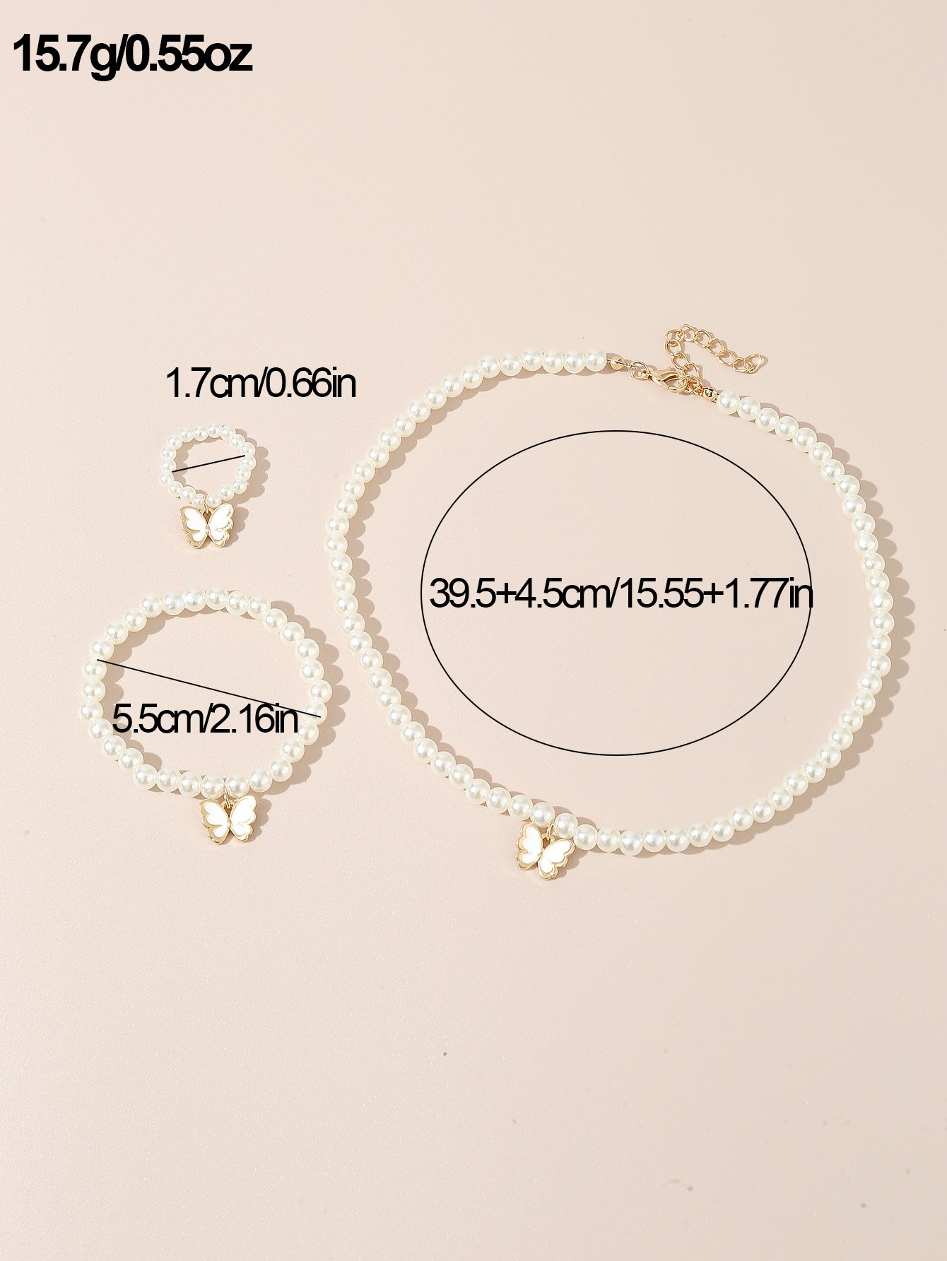 Girls White Butterfly Charm Beaded Necklace, Bracelet and Ring Set