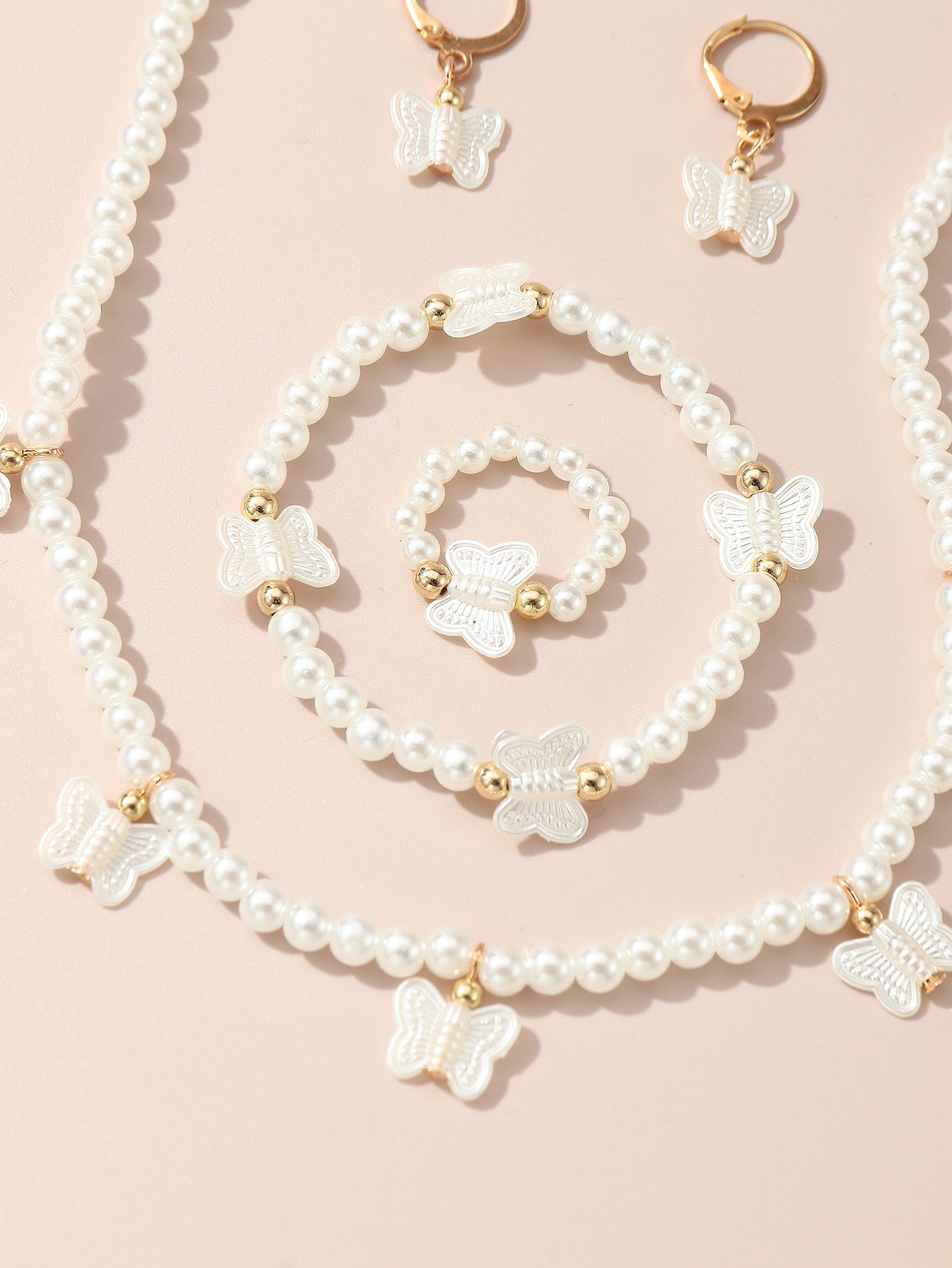Girls White Pearl Butterfly Necklace, Bracelet, Ring and Earrings Set