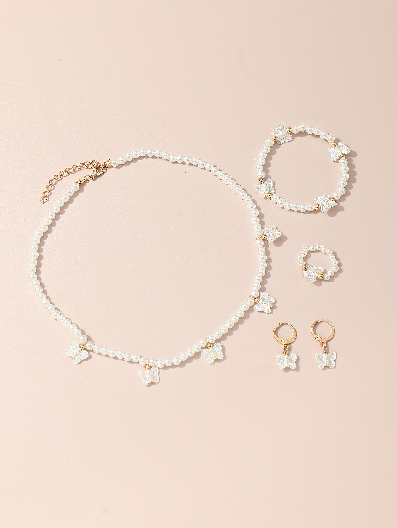 Girls White Pearl Butterfly Necklace, Bracelet, Ring and Earrings Set