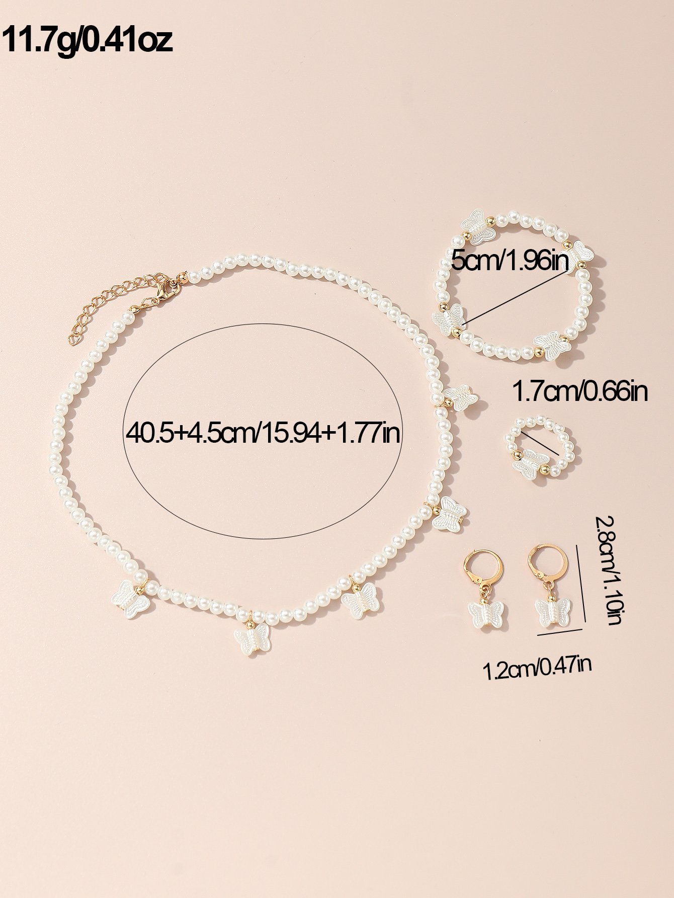 Girls White Pearl Butterfly Necklace, Bracelet, Ring and Earrings Set