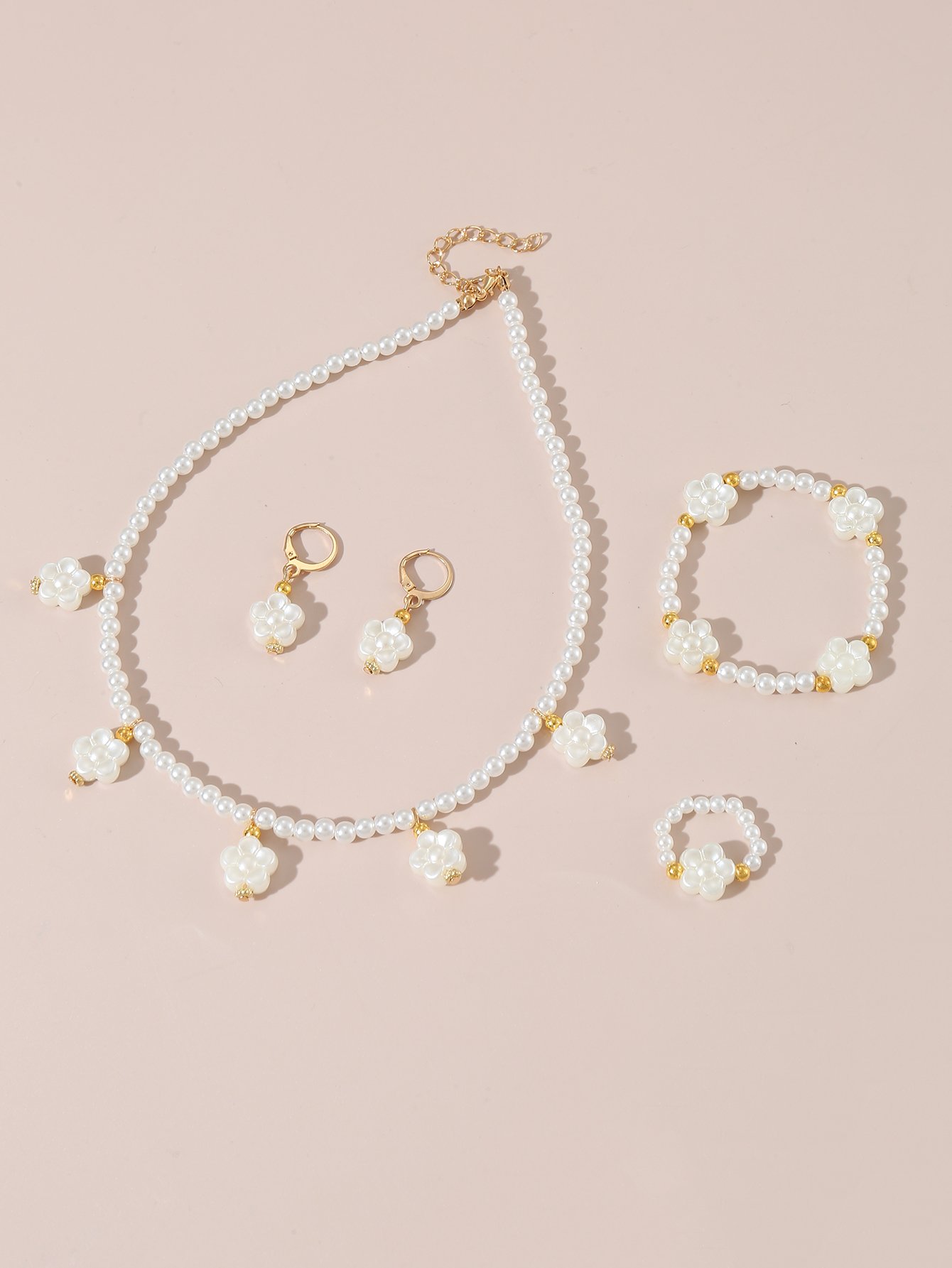 Girls White Flower Charm Pearl Necklace, Bracelet, Ring and Earrings Set