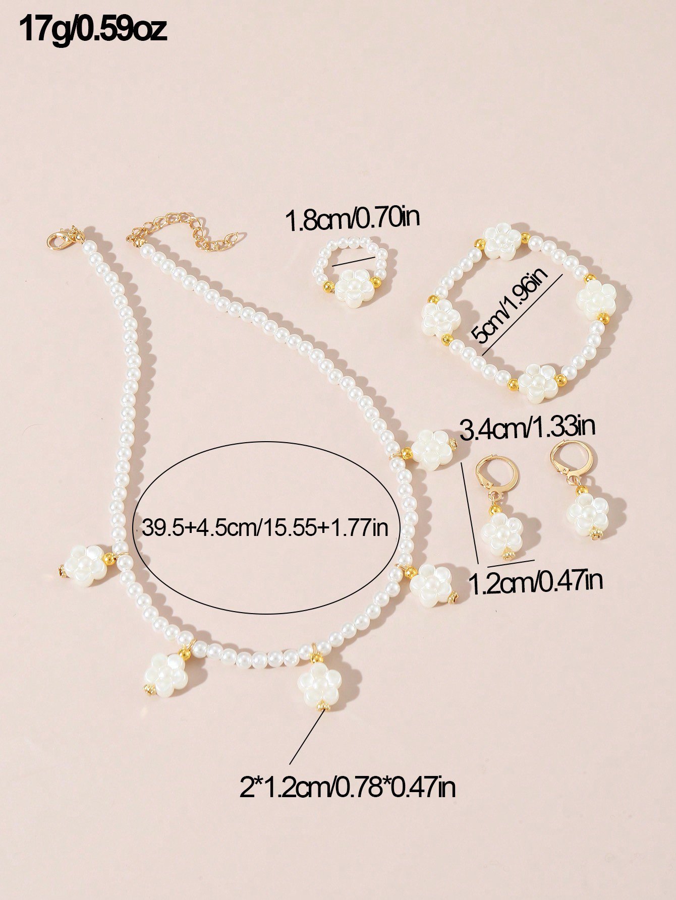 Girls White Flower Charm Pearl Necklace, Bracelet, Ring and Earrings Set