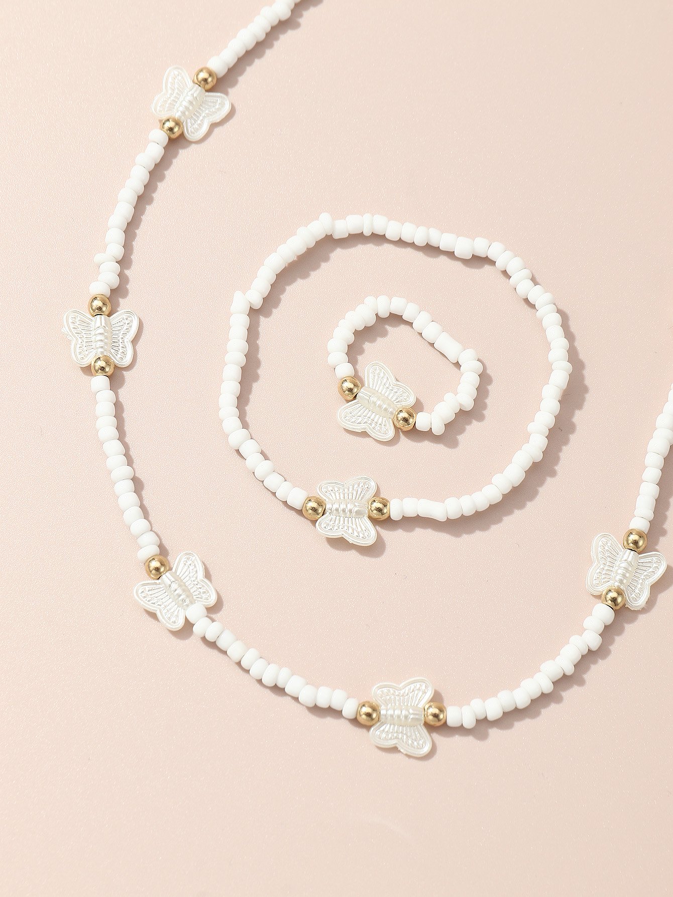 Girls White Butterfly Charm Beaded Necklace, Bracelet and Ring Set