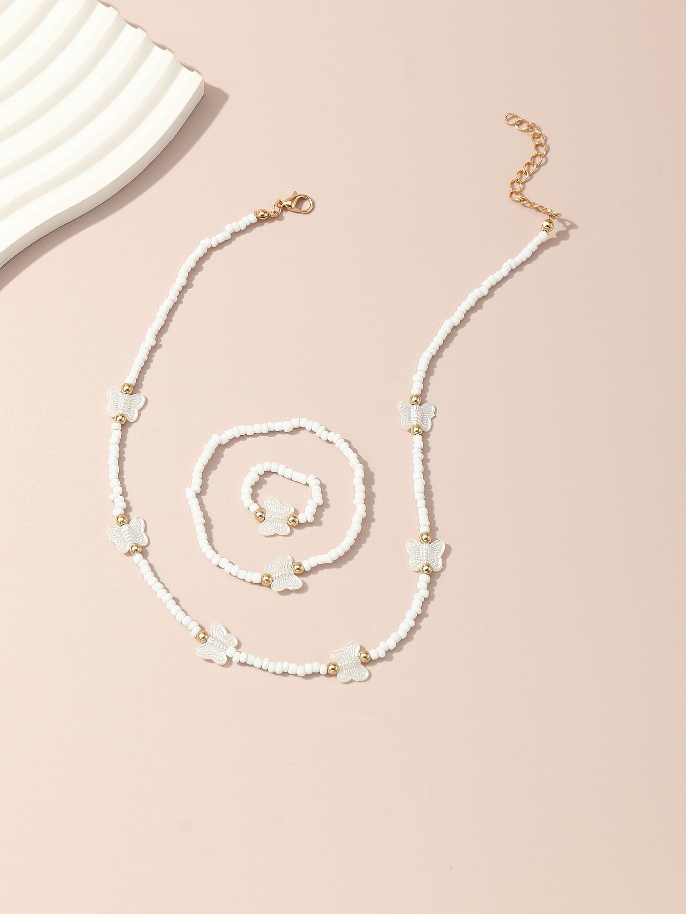 Girls White Butterfly Charm Beaded Necklace, Bracelet and Ring Set