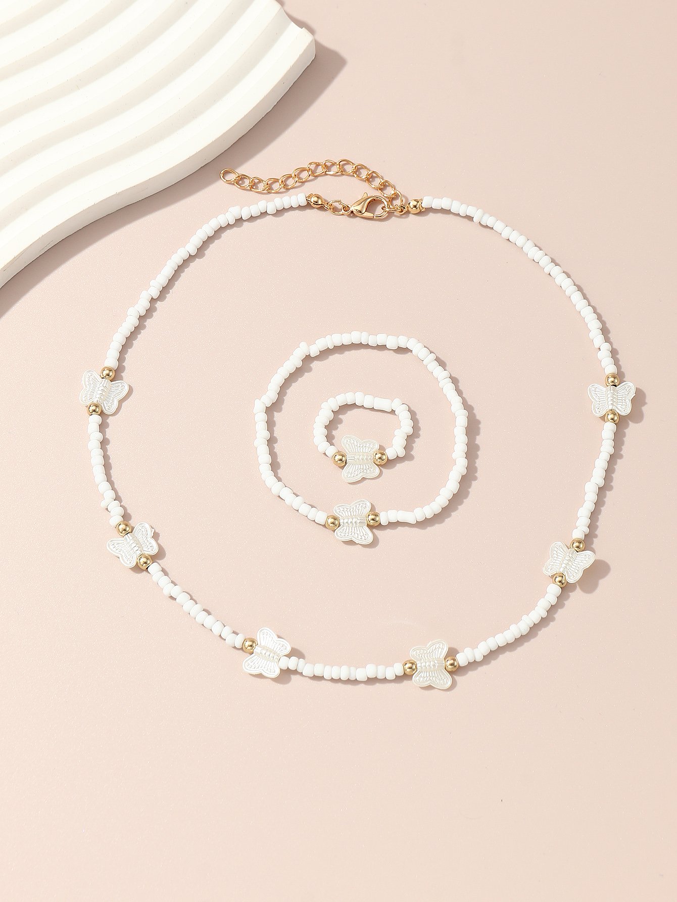 Girls White Butterfly Charm Beaded Necklace, Bracelet and Ring Set