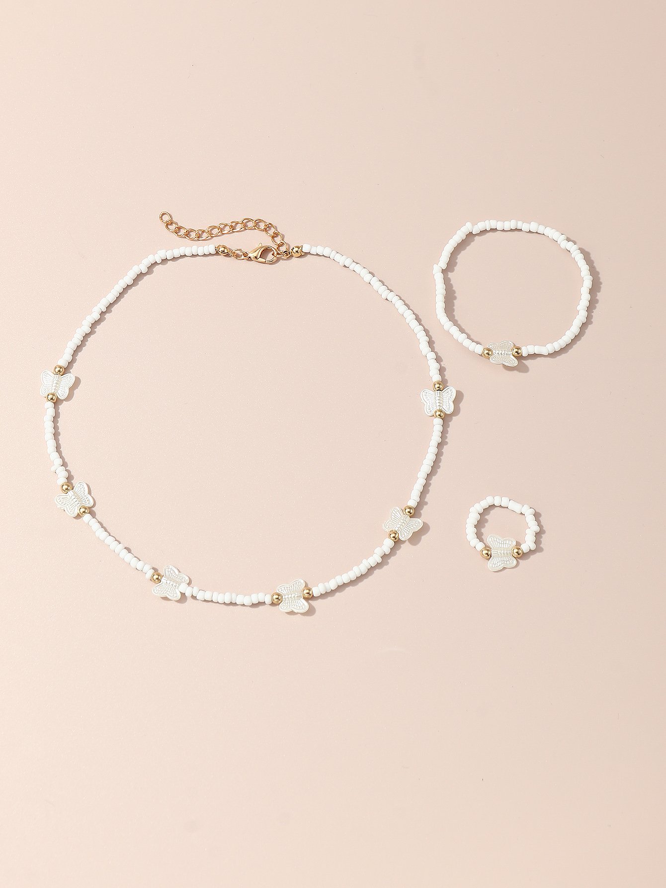 Girls White Butterfly Charm Beaded Necklace, Bracelet and Ring Set